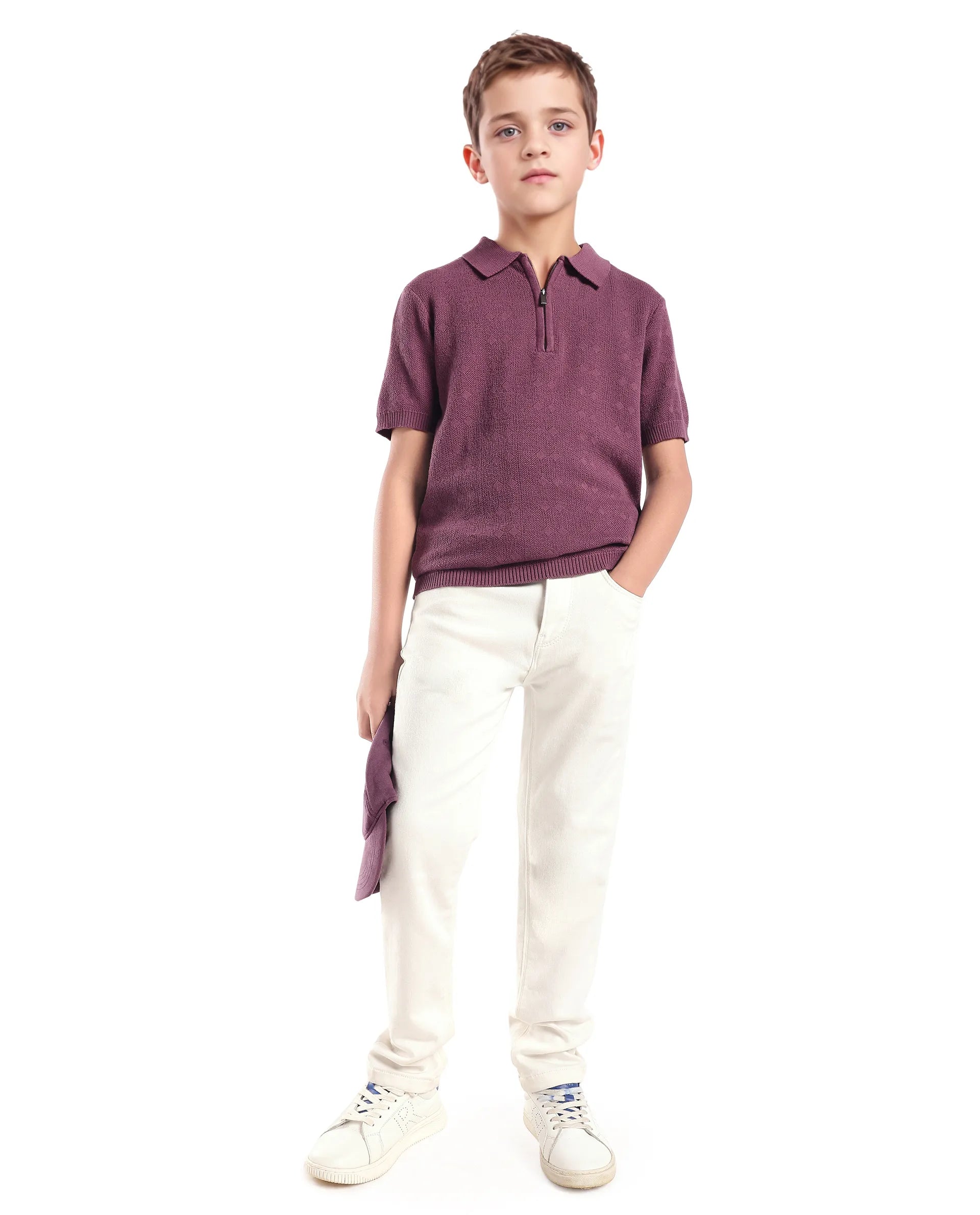 Rare Ones Kids Treo Dusky Purple Jacquard Zipper Closure Regular Fit Polo