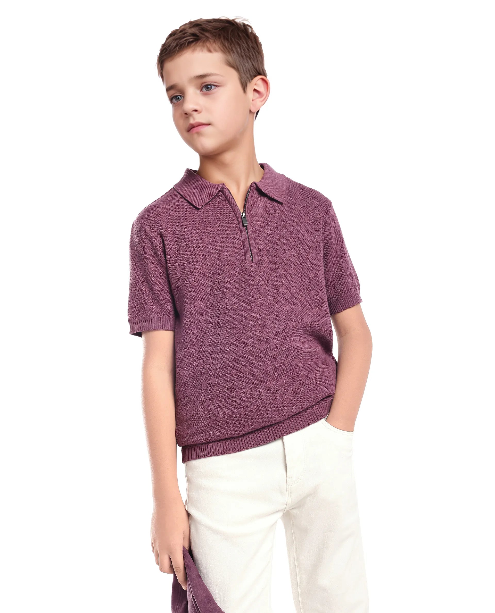 Rare Ones Kids Treo Dusky Purple Jacquard Zipper Closure Regular Fit Polo