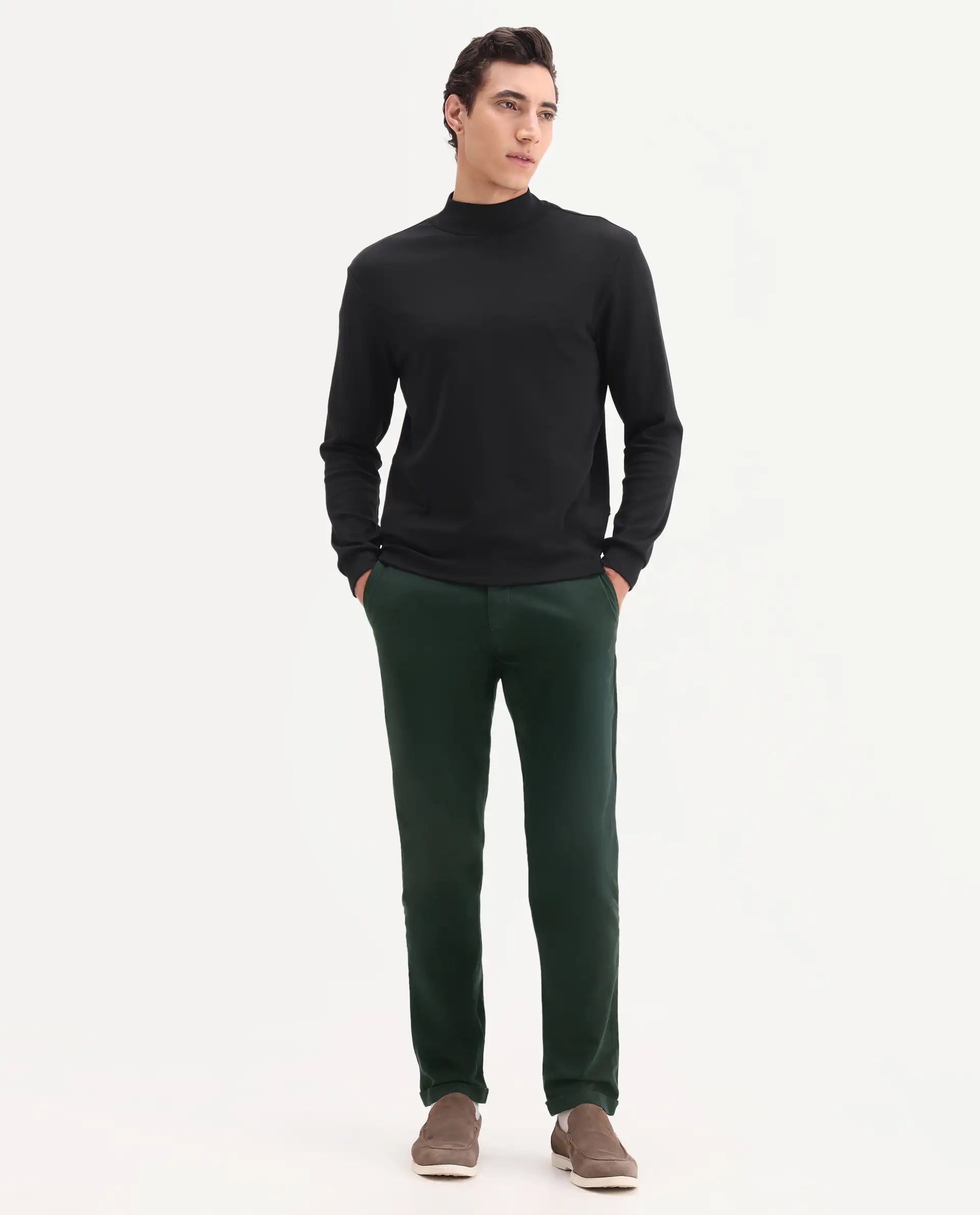 Rare Rabbit Men's Trews-1 Green Cotton Plain Regular Fit Trouser