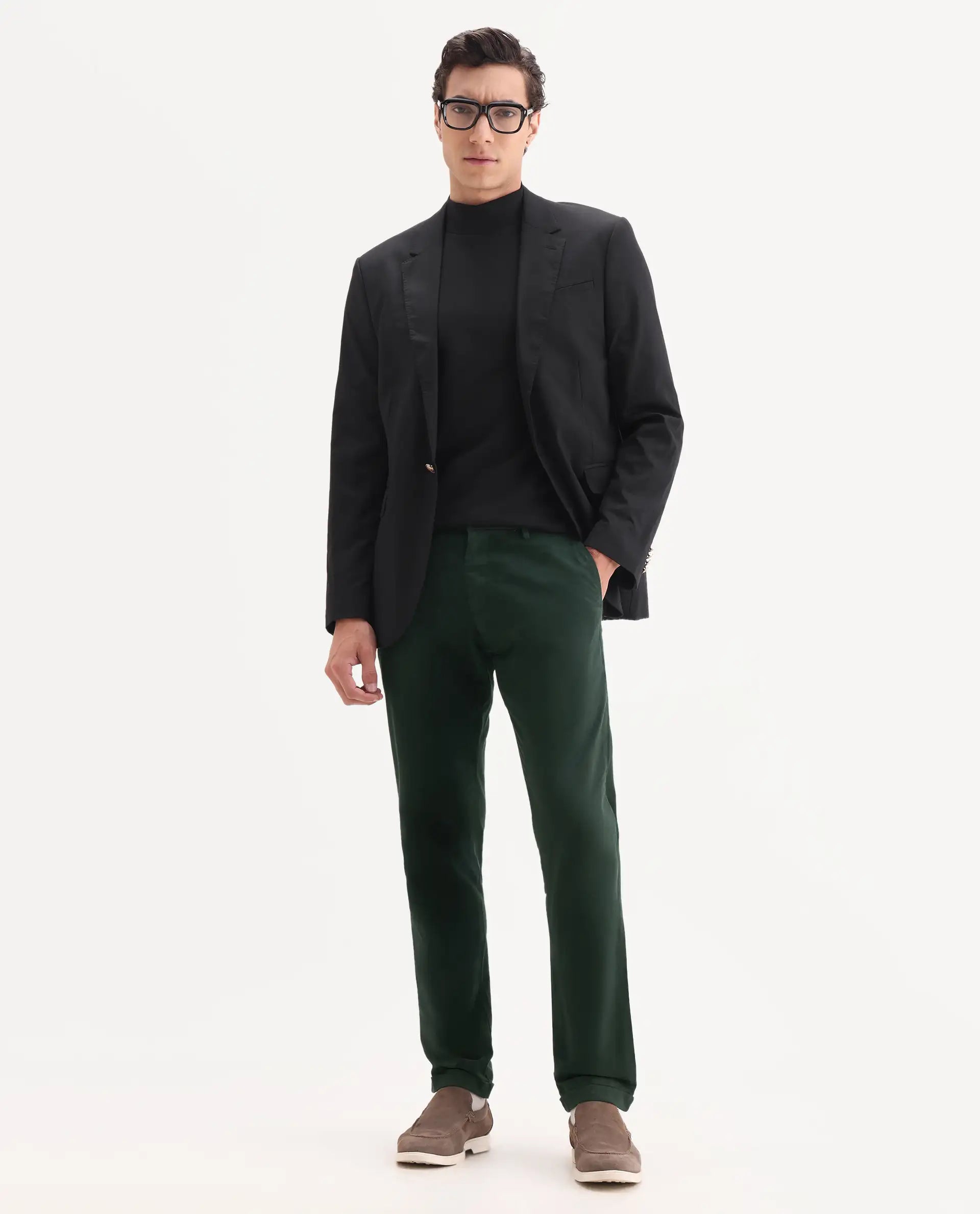 Rare Rabbit Men's Trews-1 Green Cotton Plain Regular Fit Trouser