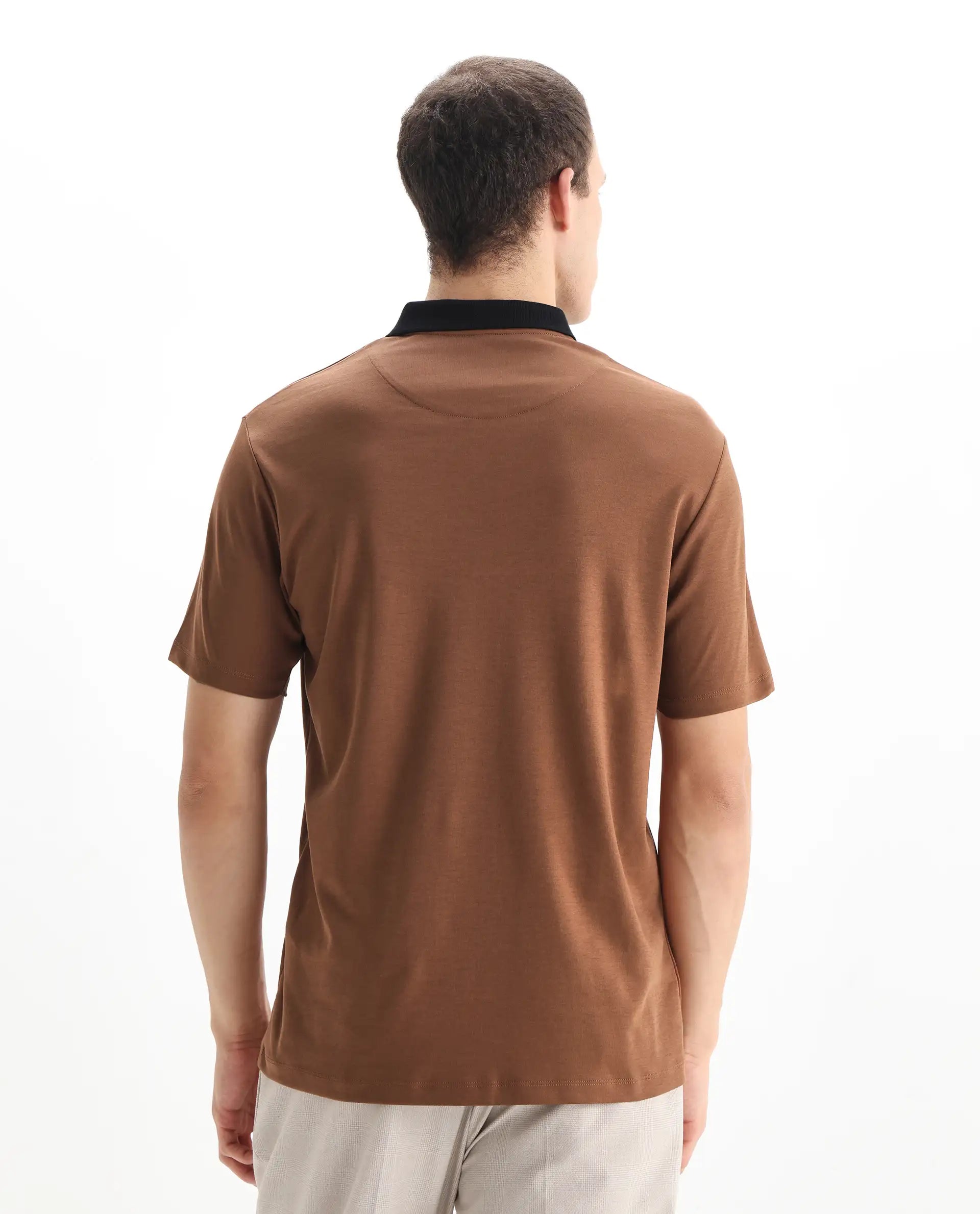 Rare Rabbit Men's Trex Dusky Brown Cotton Plain Regular Fit Half Sleeve Polo