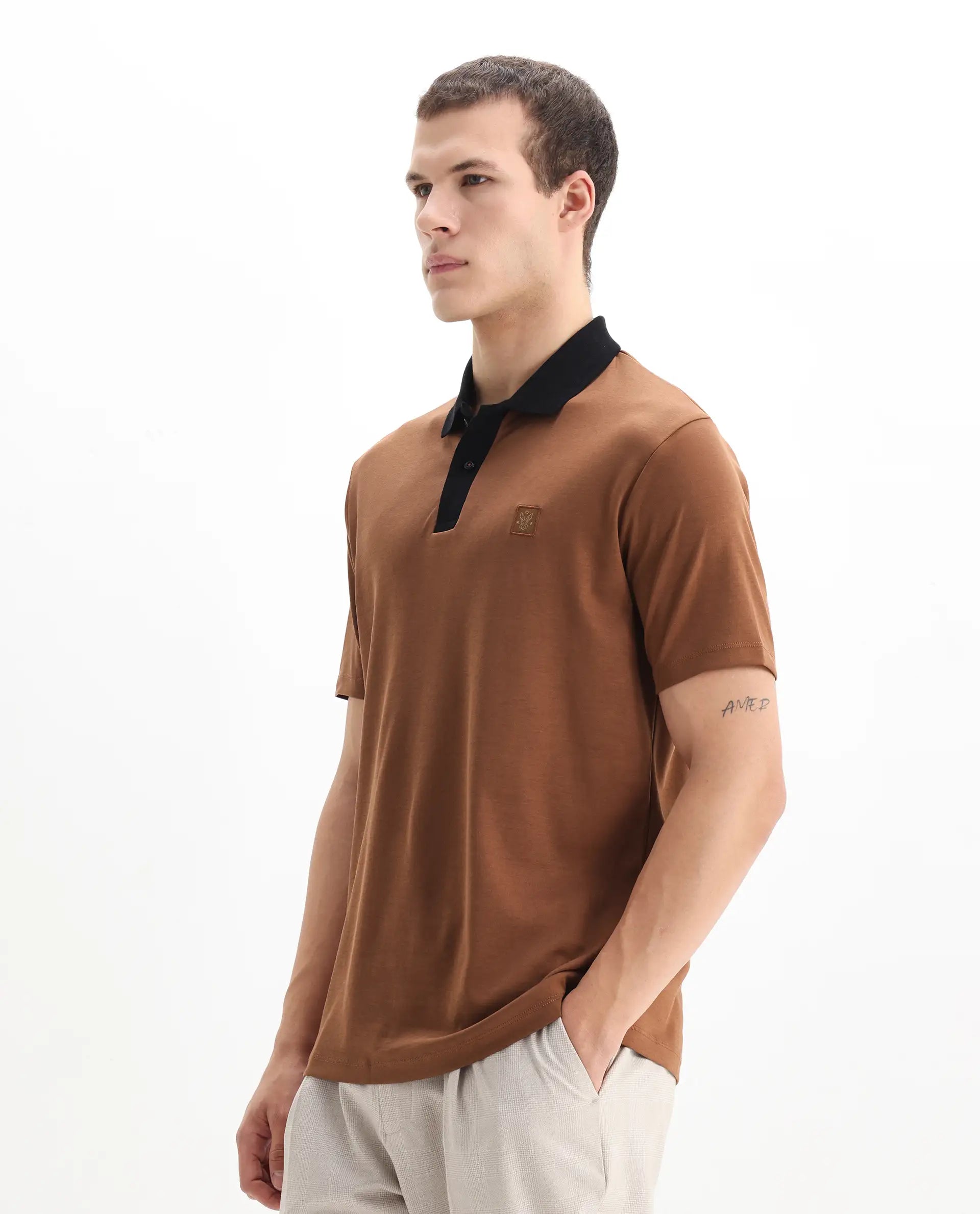 Rare Rabbit Men's Trex Dusky Brown Cotton Plain Regular Fit Half Sleeve Polo