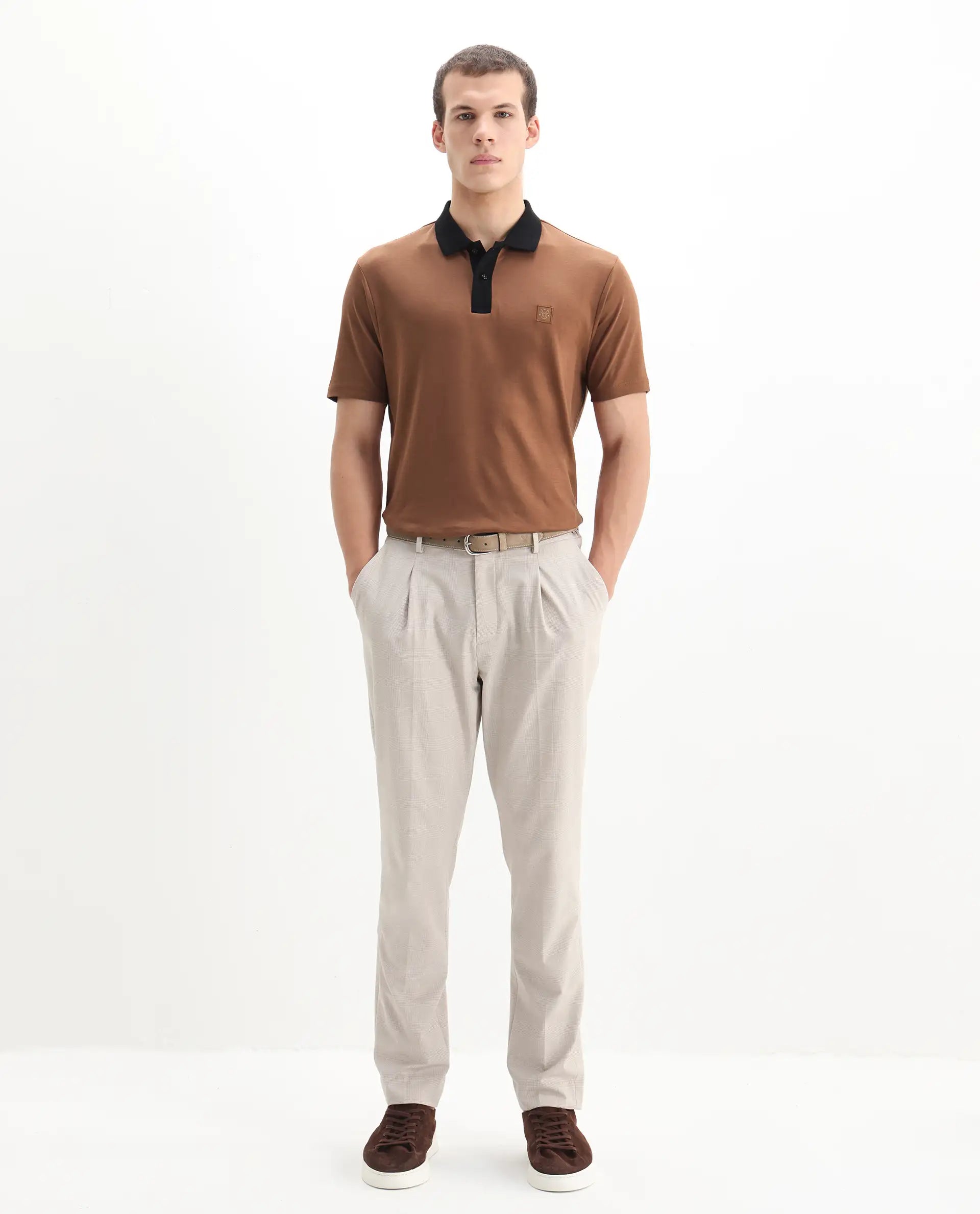 Rare Rabbit Men's Trex Dusky Brown Cotton Plain Regular Fit Half Sleeve Polo