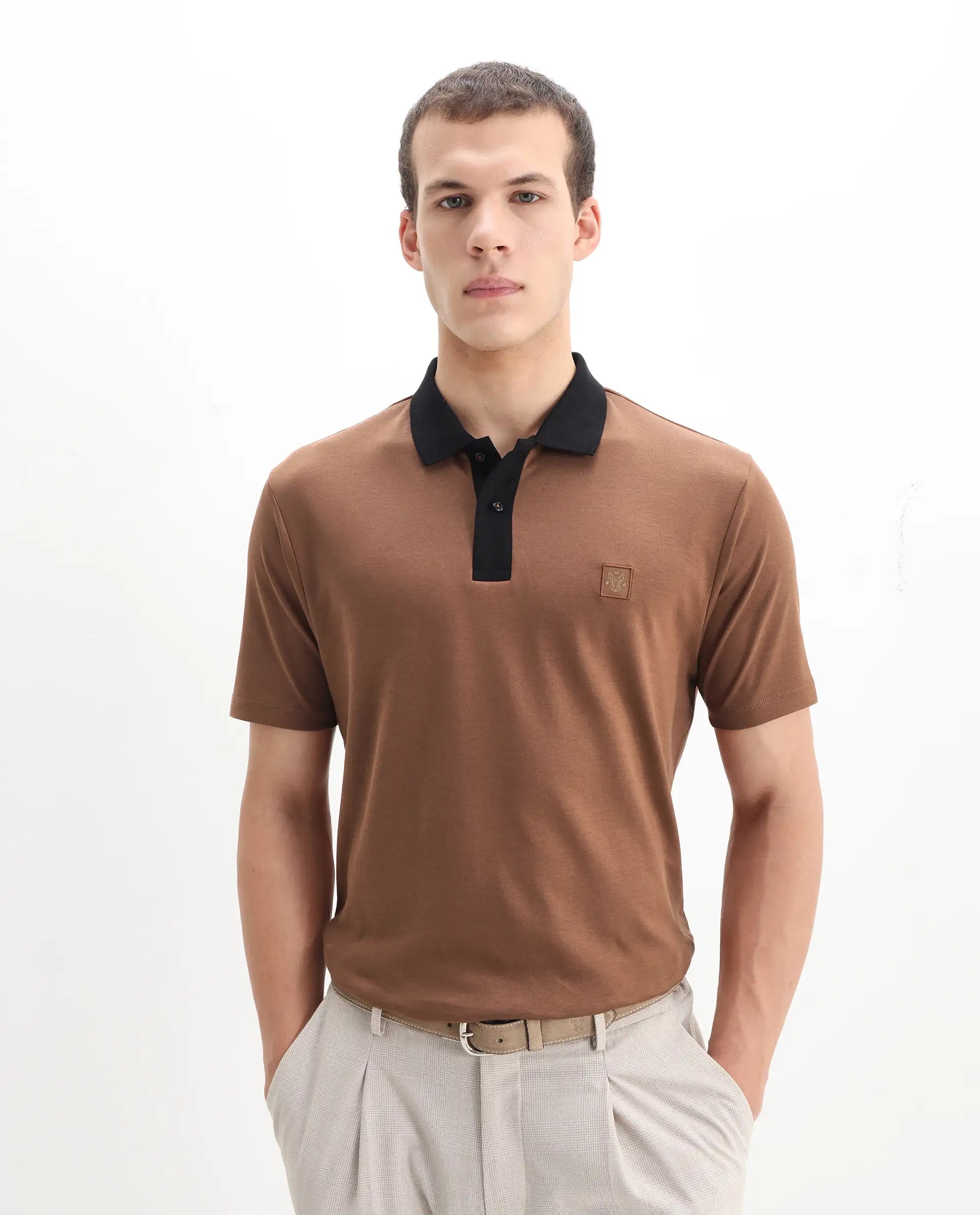 Rare Rabbit Men's Trex Dusky Brown Cotton Plain Regular Fit Half Sleeve Polo