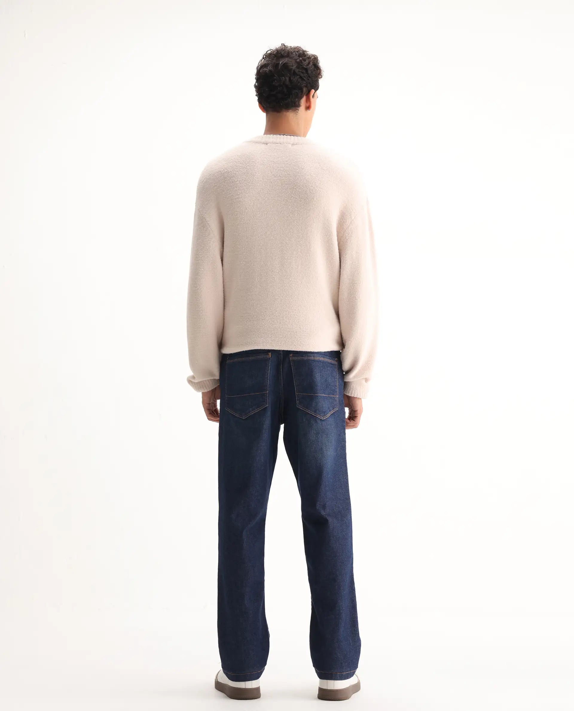 Rare Rabbit Men's Traingle Blue Cotton Blend Plain Morris Regular Fit Jeans