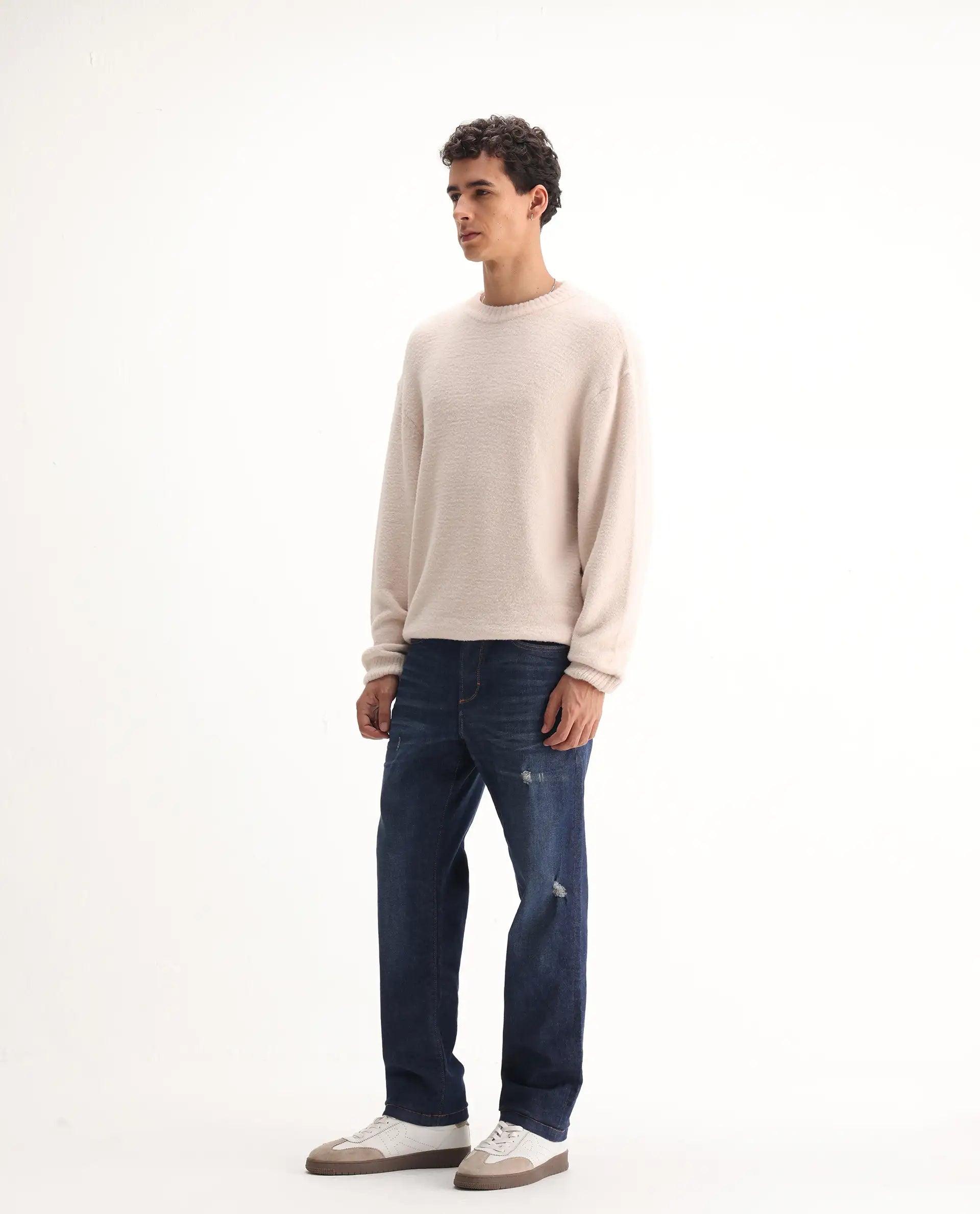 Rare Rabbit Men's Traingle Blue Cotton Blend Plain Morris Regular Fit Jeans