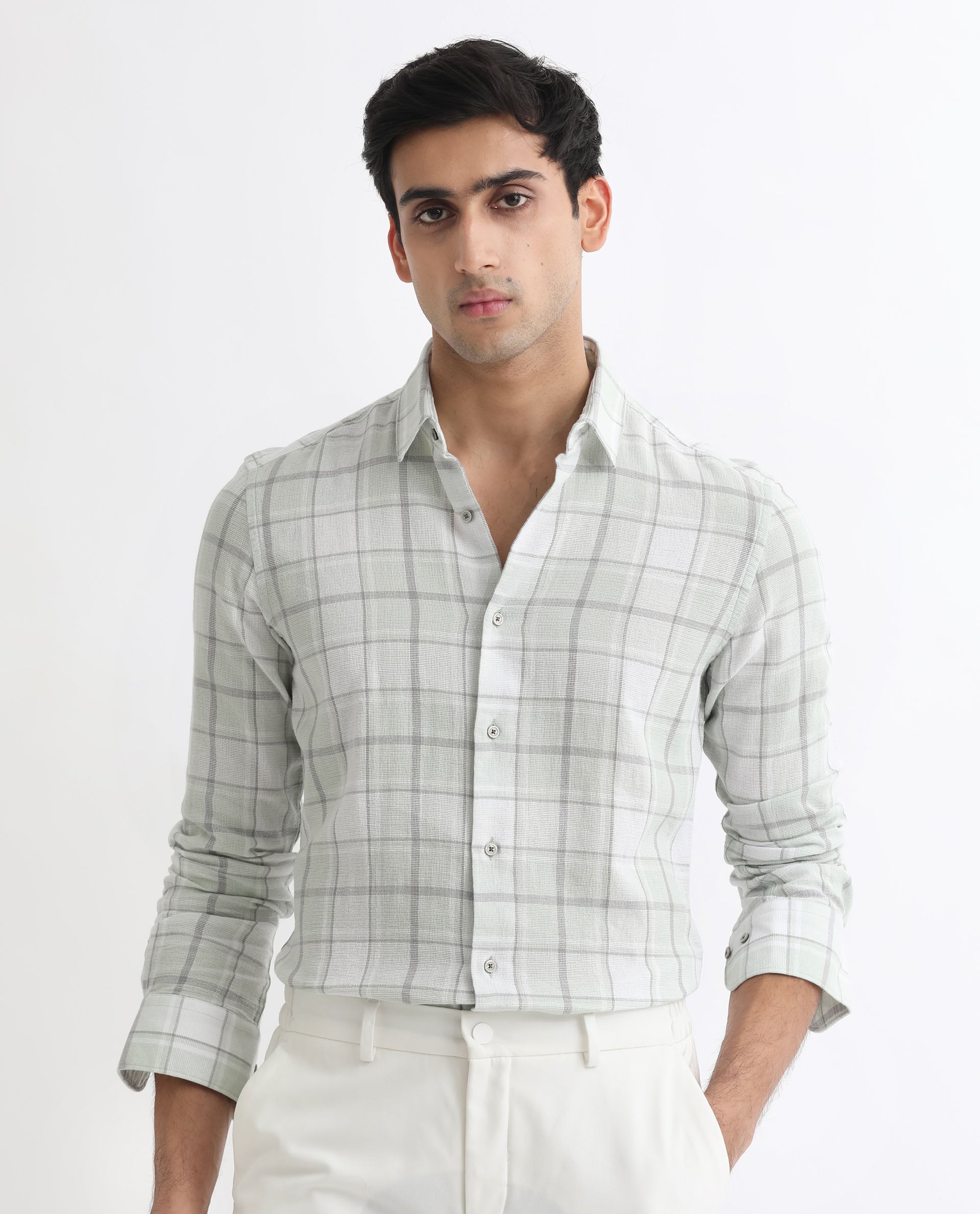 Rare Rabbit Men's Tropea Light Green Cotton Fabric Full Sleeves Checks Shirt