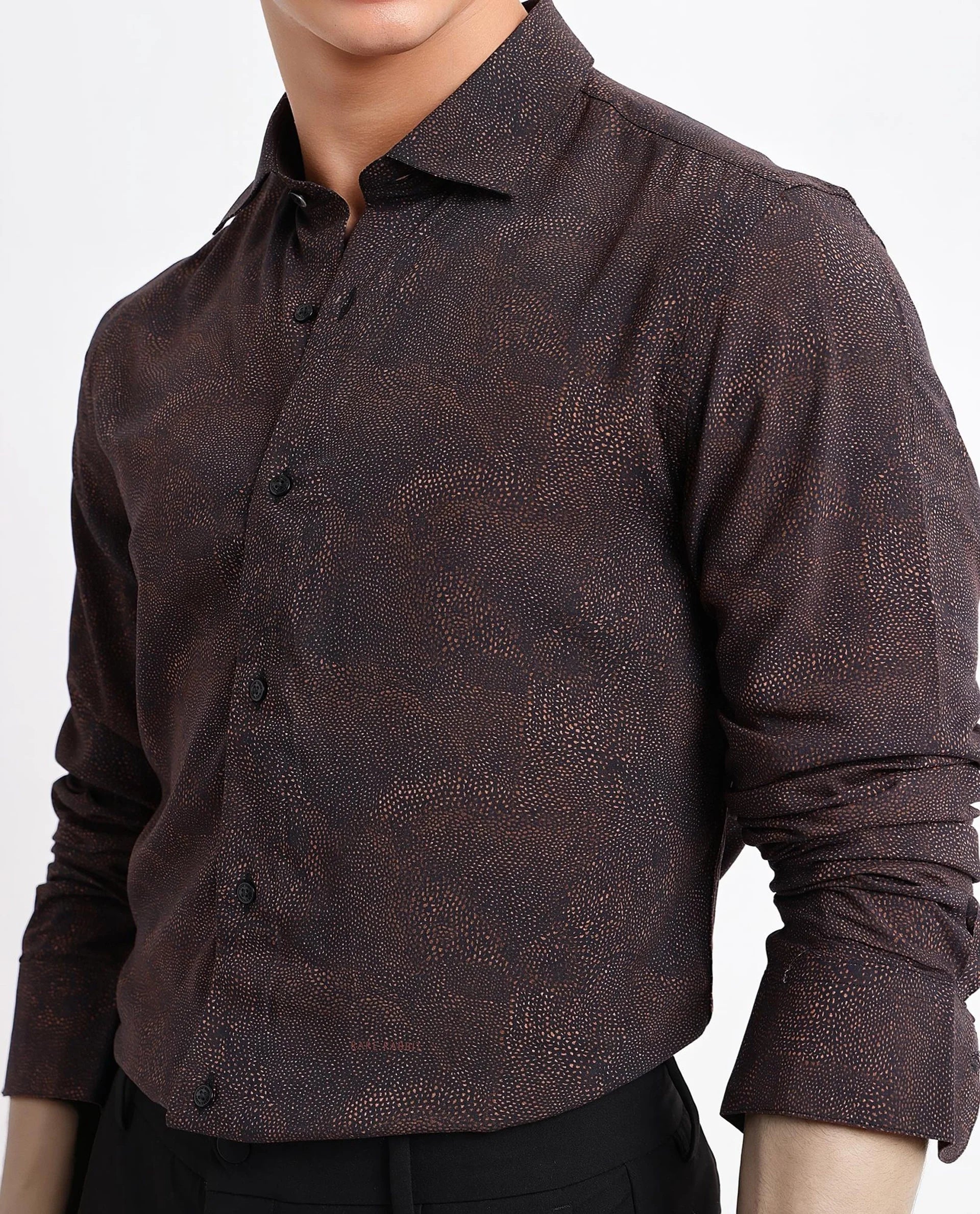 Rare Rabbit Men's Troyen Black Viscose Fabric Regular Collar Full Sleeve Regular Fit Geometric Print Shirt