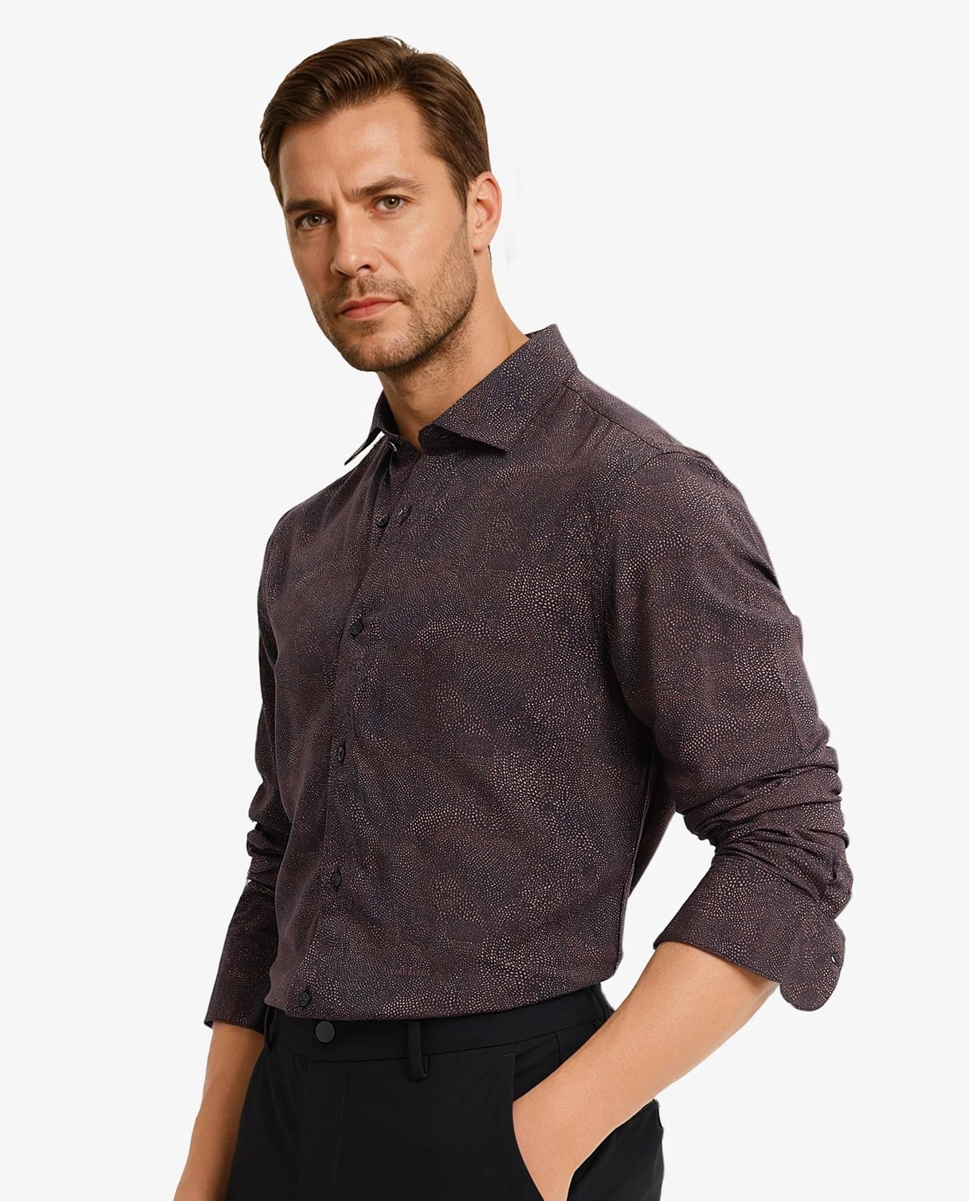 Rare Rabbit Men's Troyen Black Viscose Fabric Regular Collar Full Sleeve Regular Fit Geometric Print Shirt