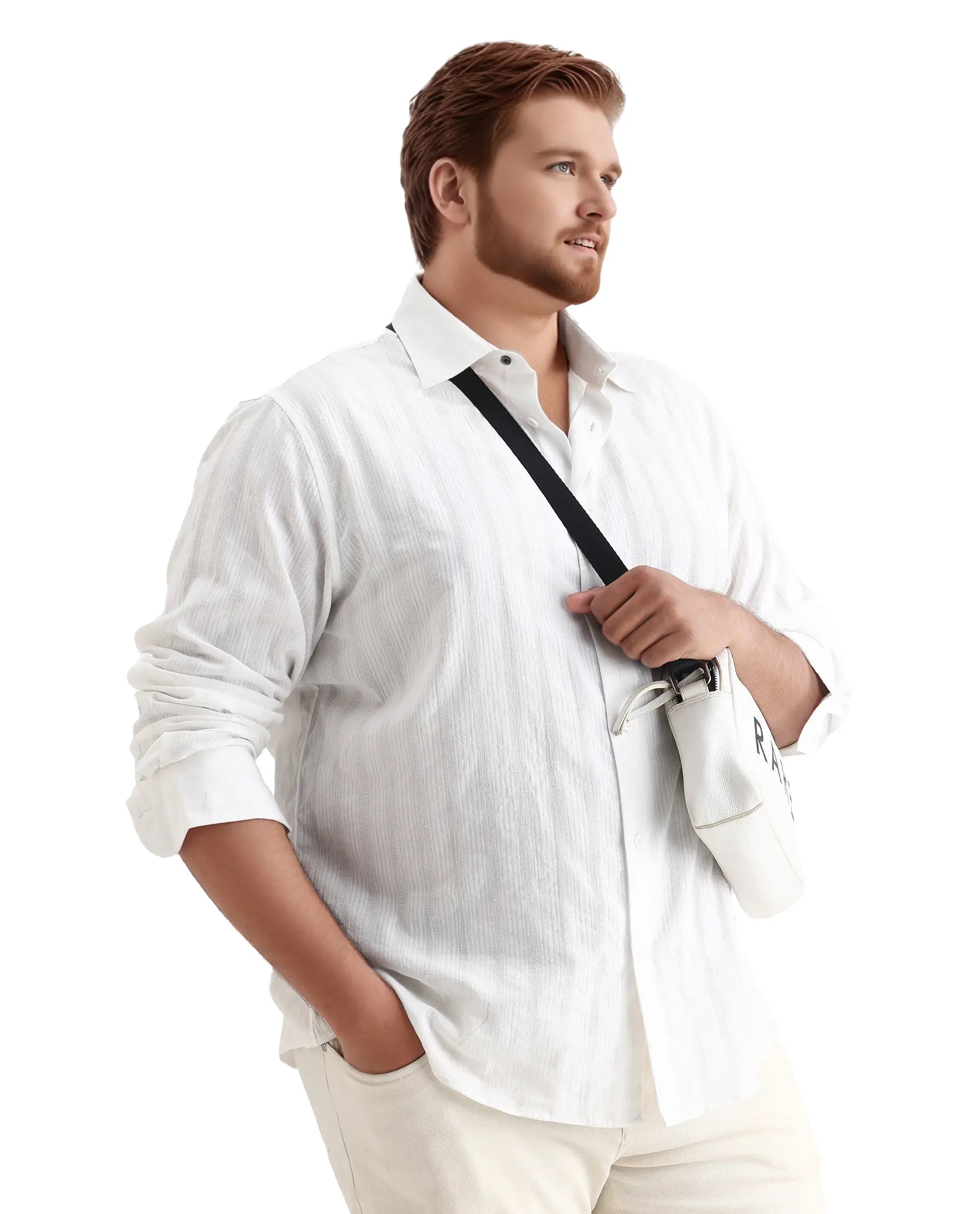 Rare Rabbit Men's Trui-Big White Cotton Fabric Full Sleeve Collared Neck Striped Shirt