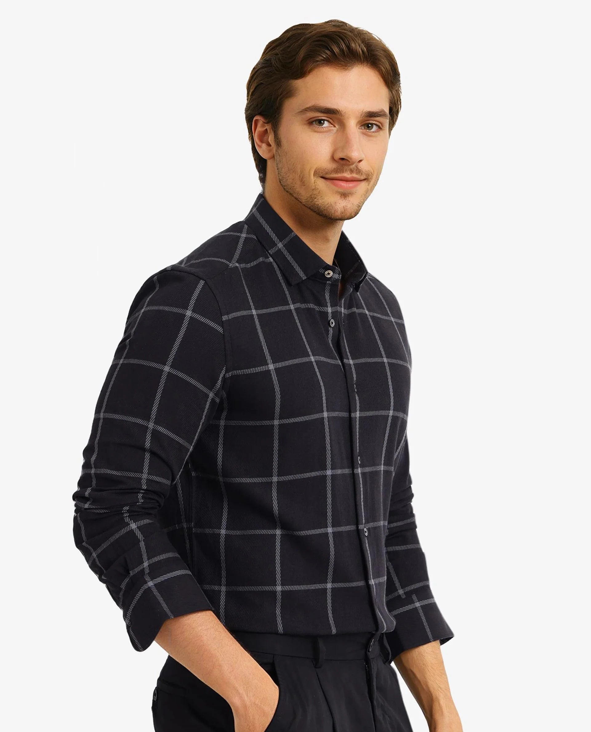 Rare Rabbit Men Tuffah Black Cotton Fabric Full Sleeve Regular Fit Twill Checks Shirt