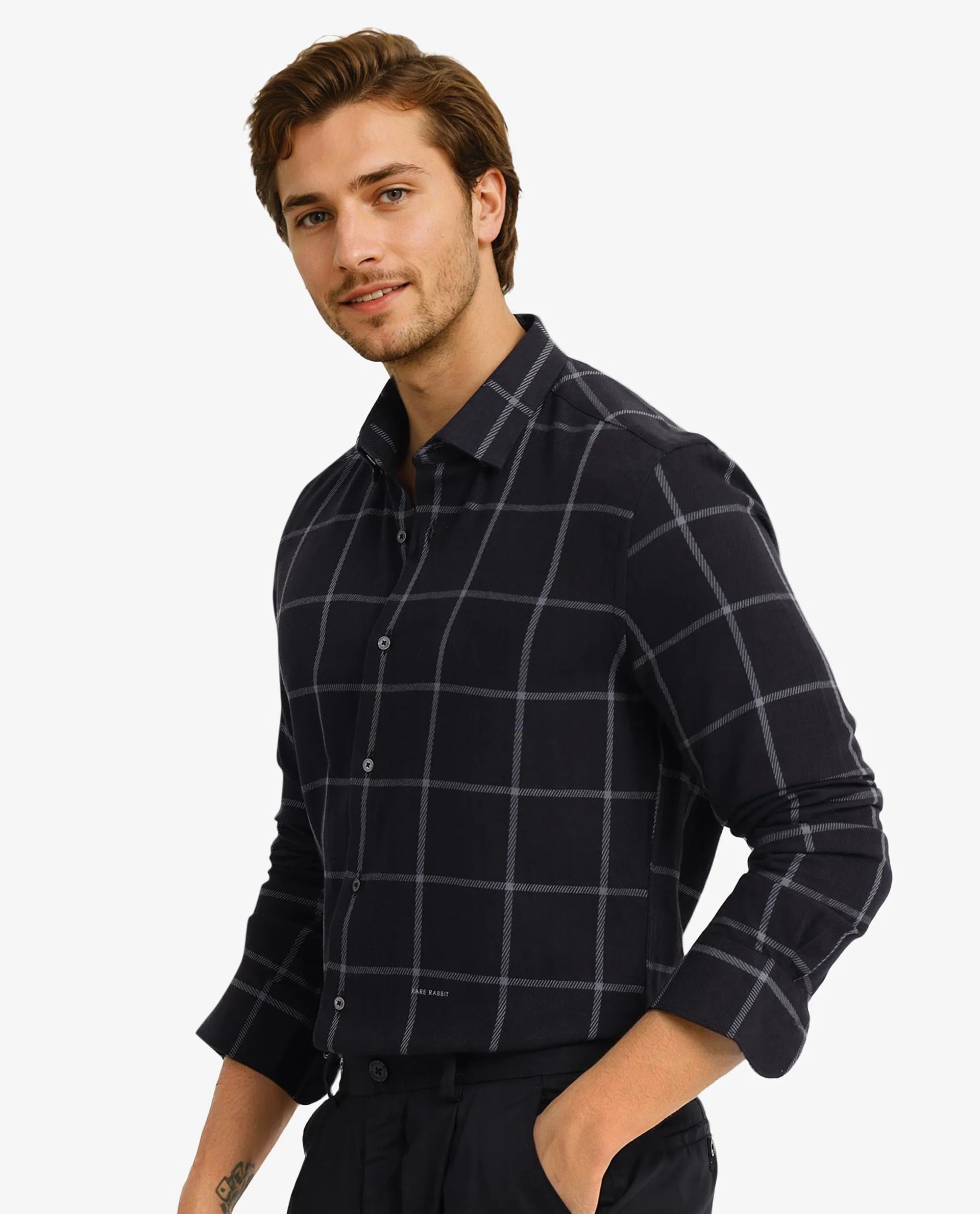 Rare Rabbit Men Tuffah Black Cotton Fabric Full Sleeve Regular Fit Twill Checks Shirt