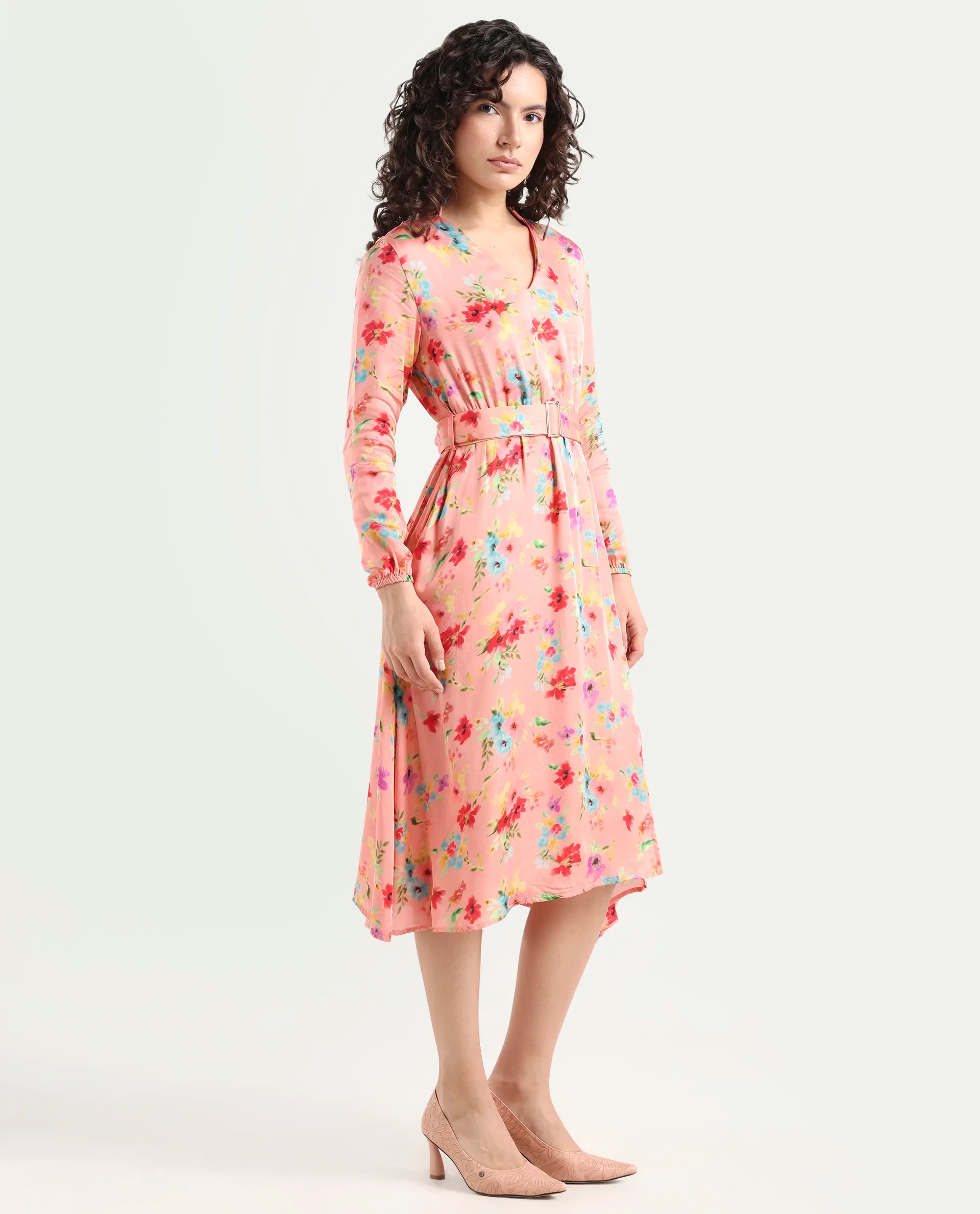 Rareism Women's Tuna Peach Viscose Blend V-Neck Floral Print Knee Length Regular Fit Dress