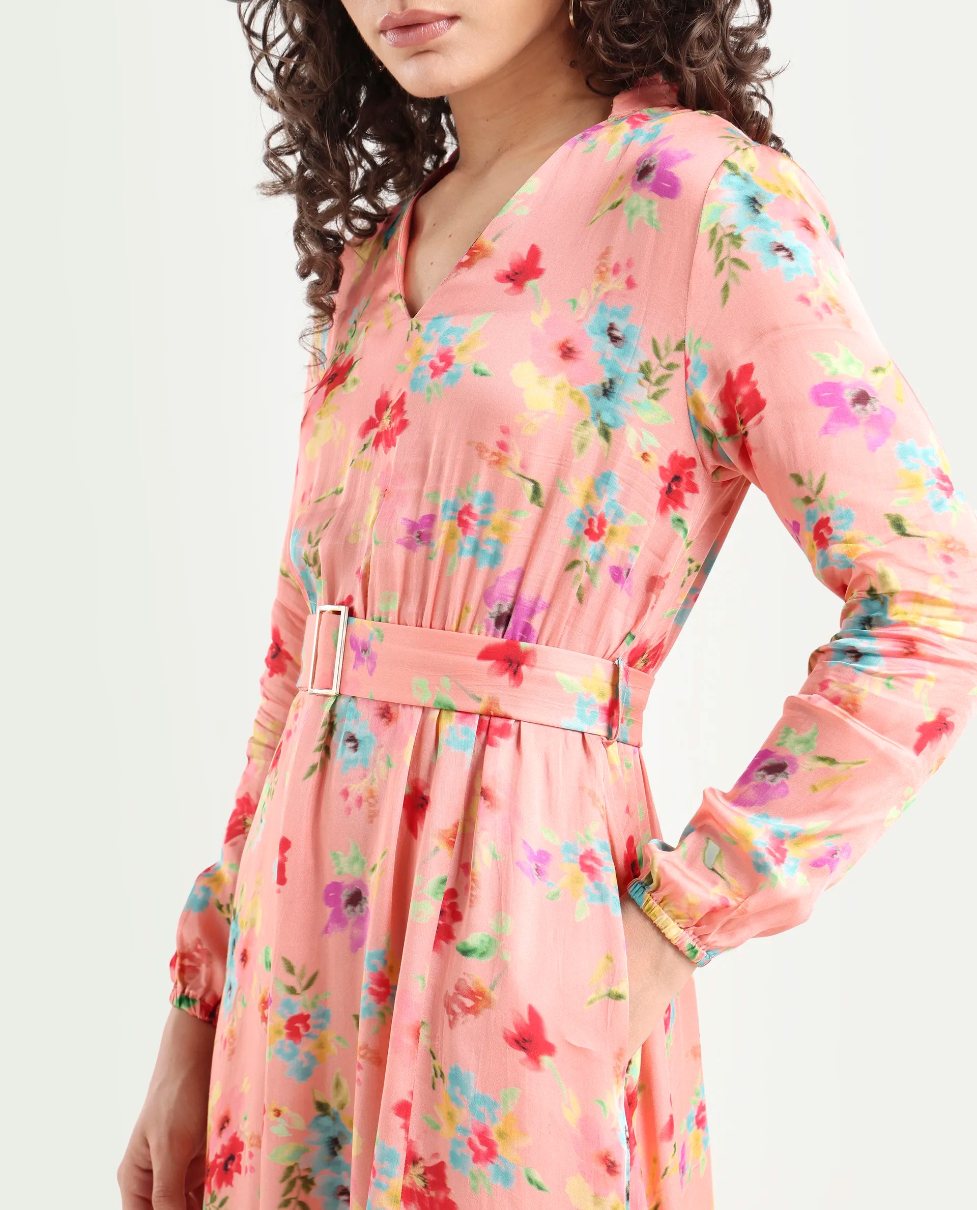 Rareism Women's Tuna Peach Viscose Blend V-Neck Floral Print Knee Length Regular Fit Dress