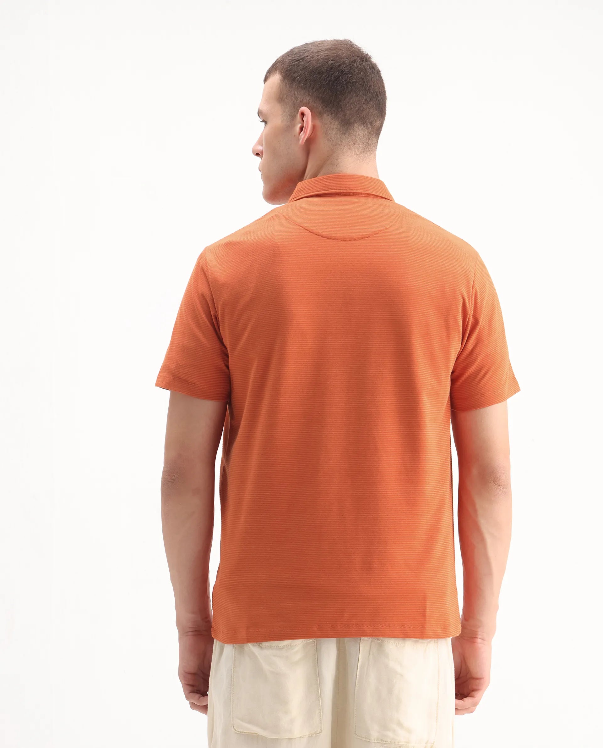 Rare Rabbit Men's Tunas Dark Rust Cotton Striped Print Regular Fit Half Sleeve Polo