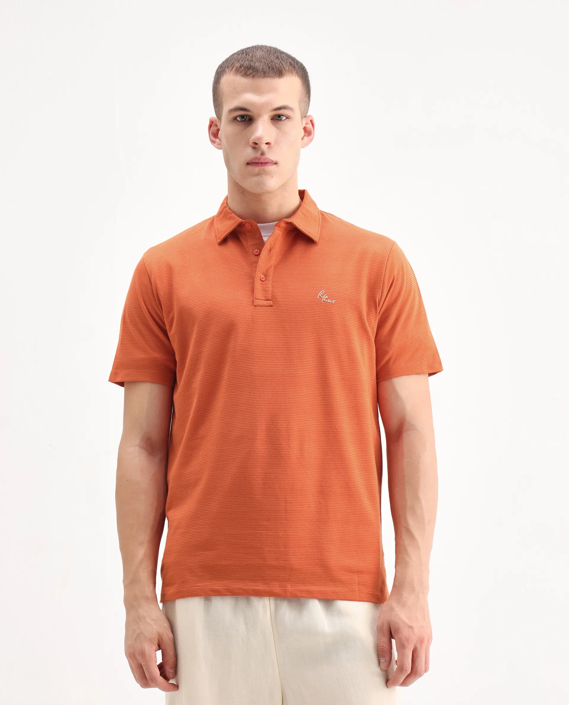 Rare Rabbit Men's Tunas Dark Rust Cotton Striped Print Regular Fit Half Sleeve Polo