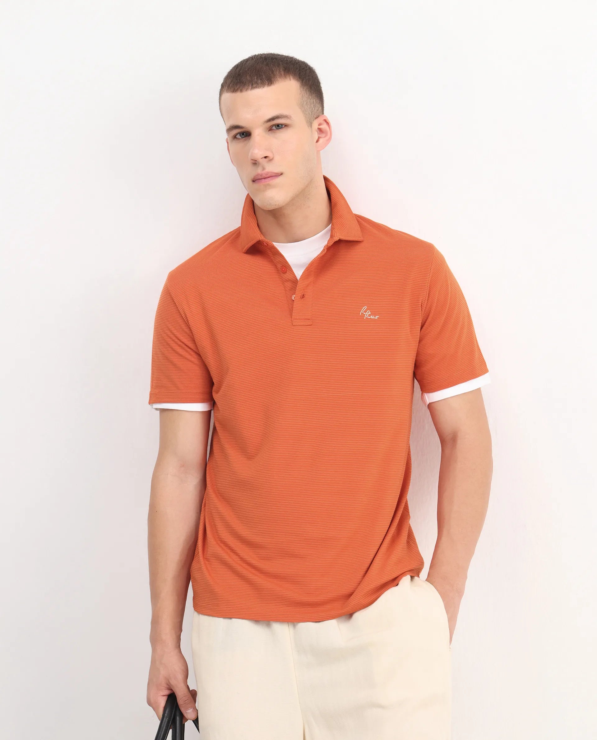 Rare Rabbit Men's Tunas Dark Rust Cotton Striped Print Regular Fit Half Sleeve Polo