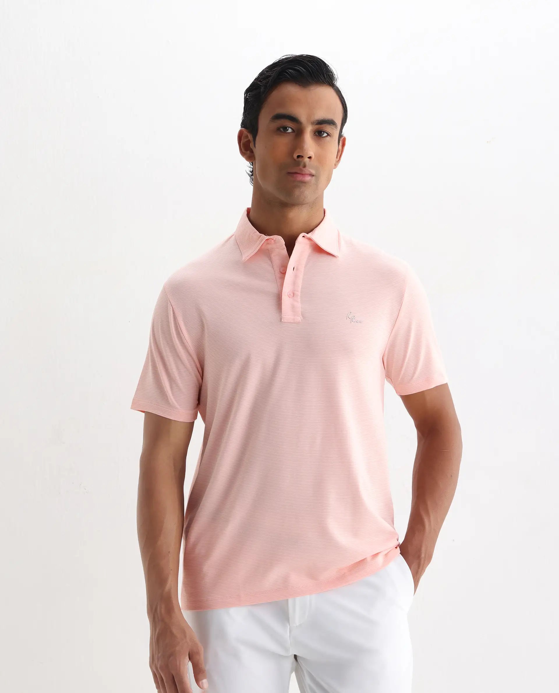 Rare Rabbit Men's Tunas Light Pink Cotton Striped Print Regular Fit Half Sleeve Polo