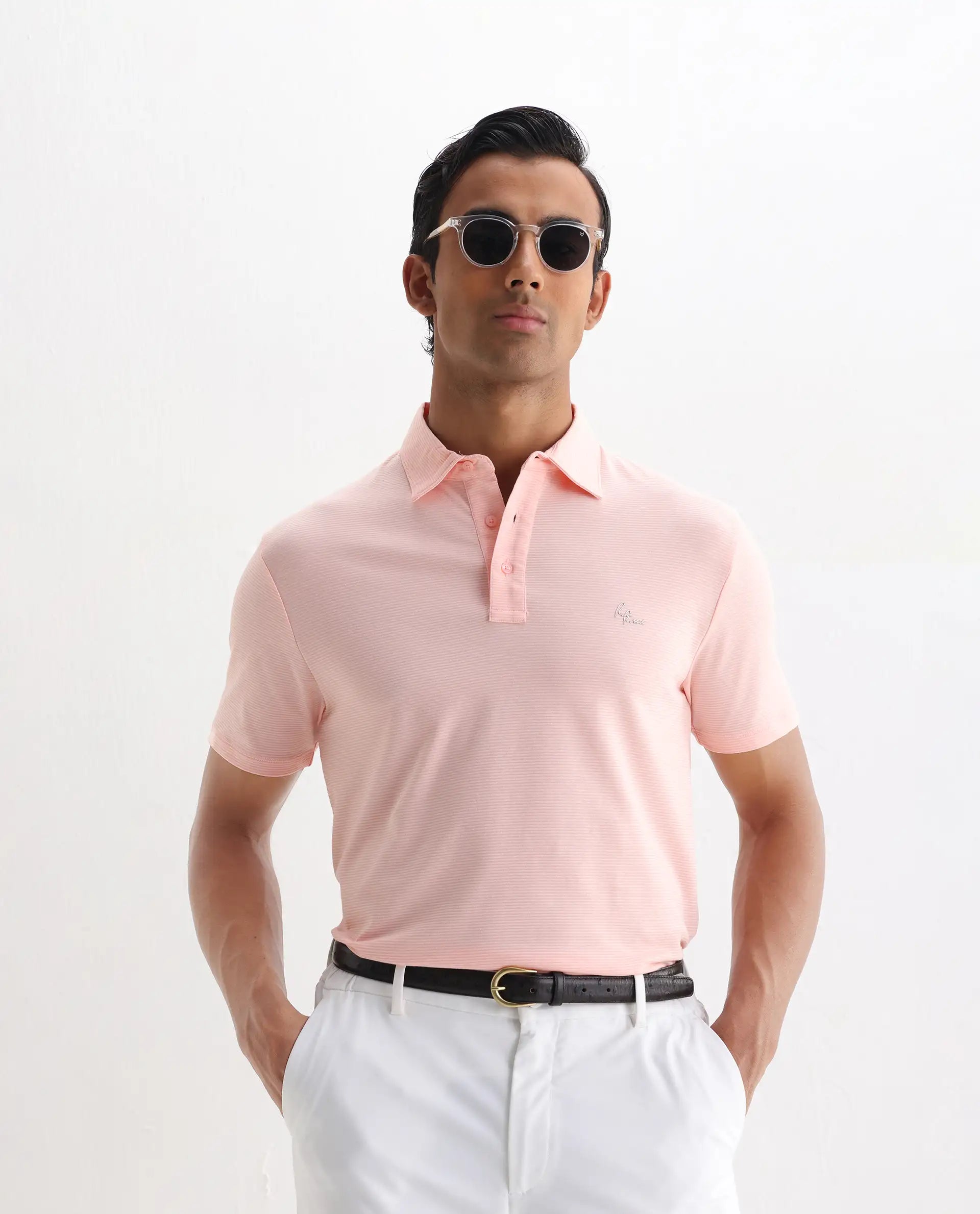 Rare Rabbit Men's Tunas Light Pink Cotton Striped Print Regular Fit Half Sleeve Polo