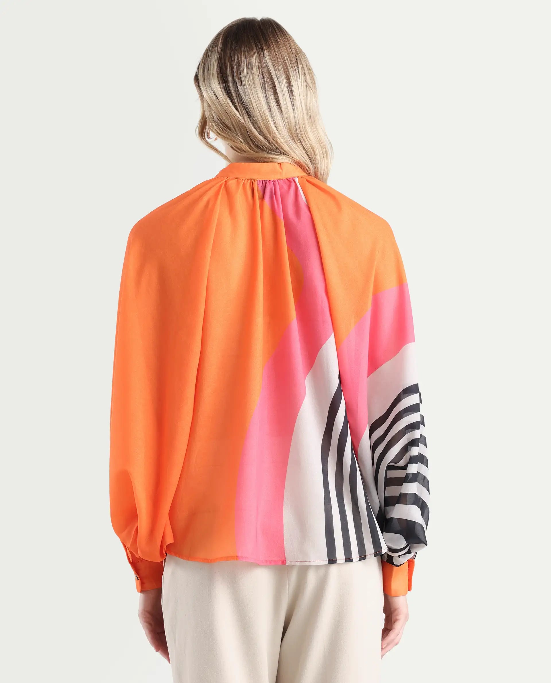 Rareism Women's Tundra Orange Polyester High Neck Abstract Print Balloon Sleeve Regular Fit Top