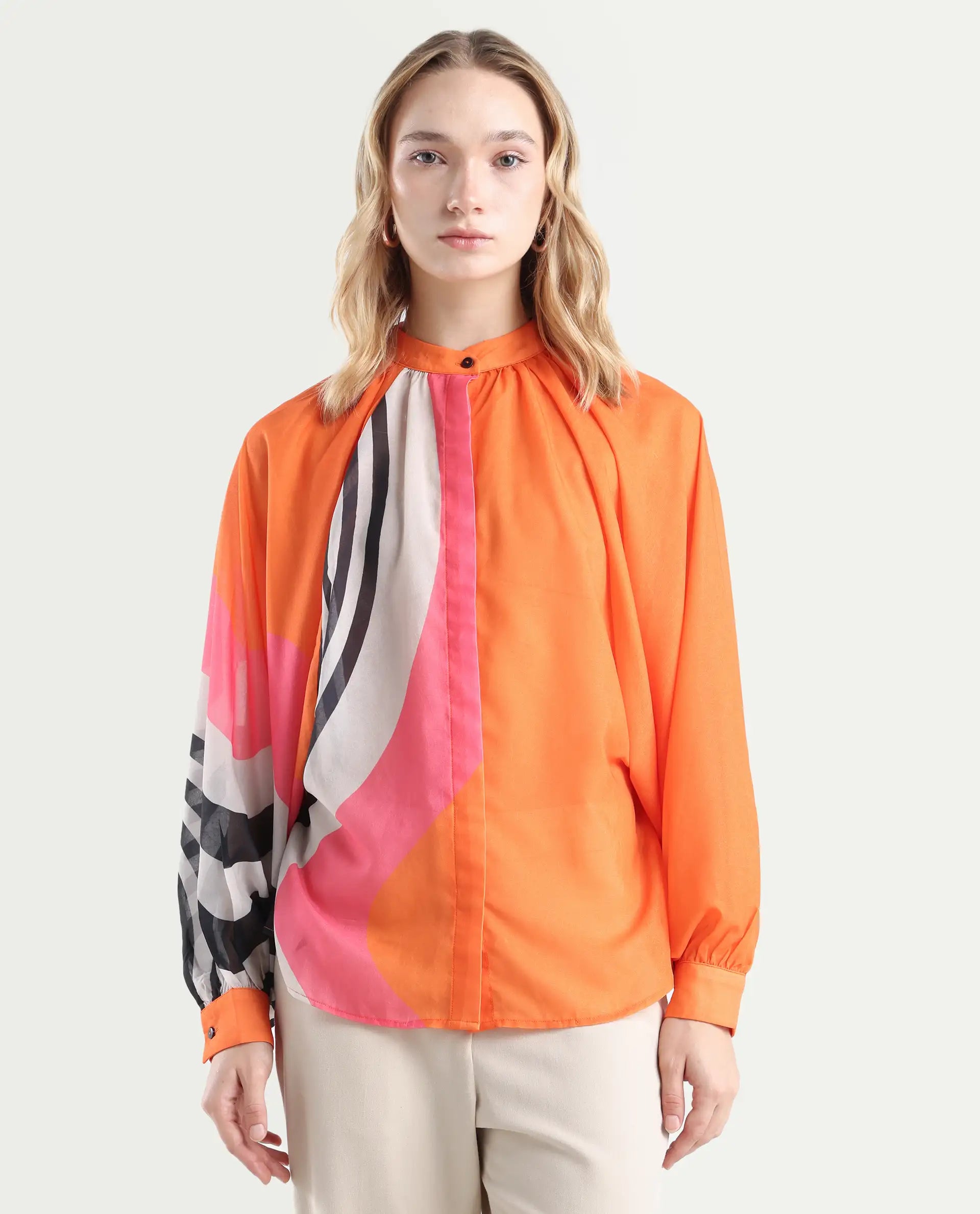 Rareism Women's Tundra Orange Polyester High Neck Abstract Print Balloon Sleeve Regular Fit Top