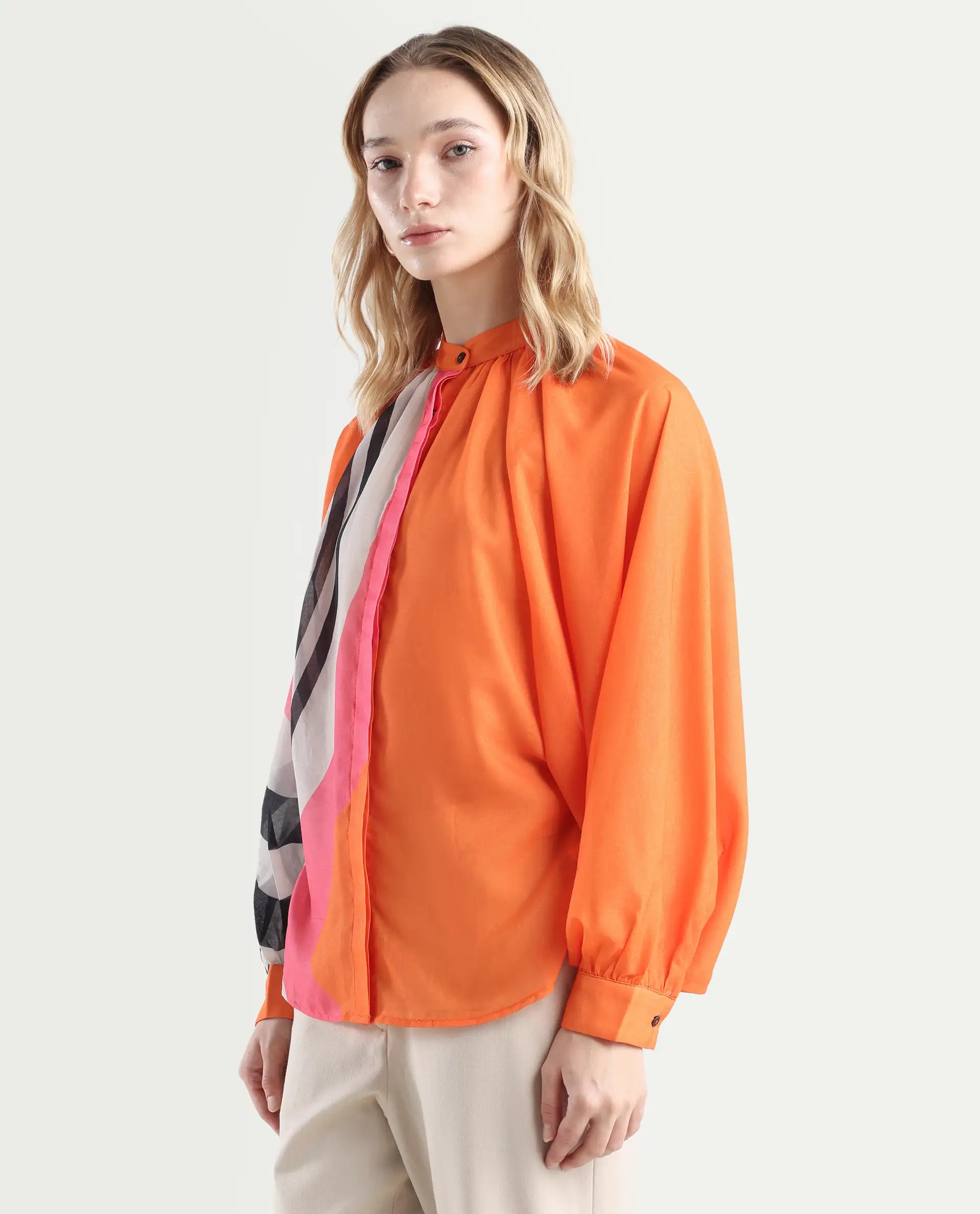 Rareism Women's Tundra Orange Polyester High Neck Abstract Print Balloon Sleeve Regular Fit Top