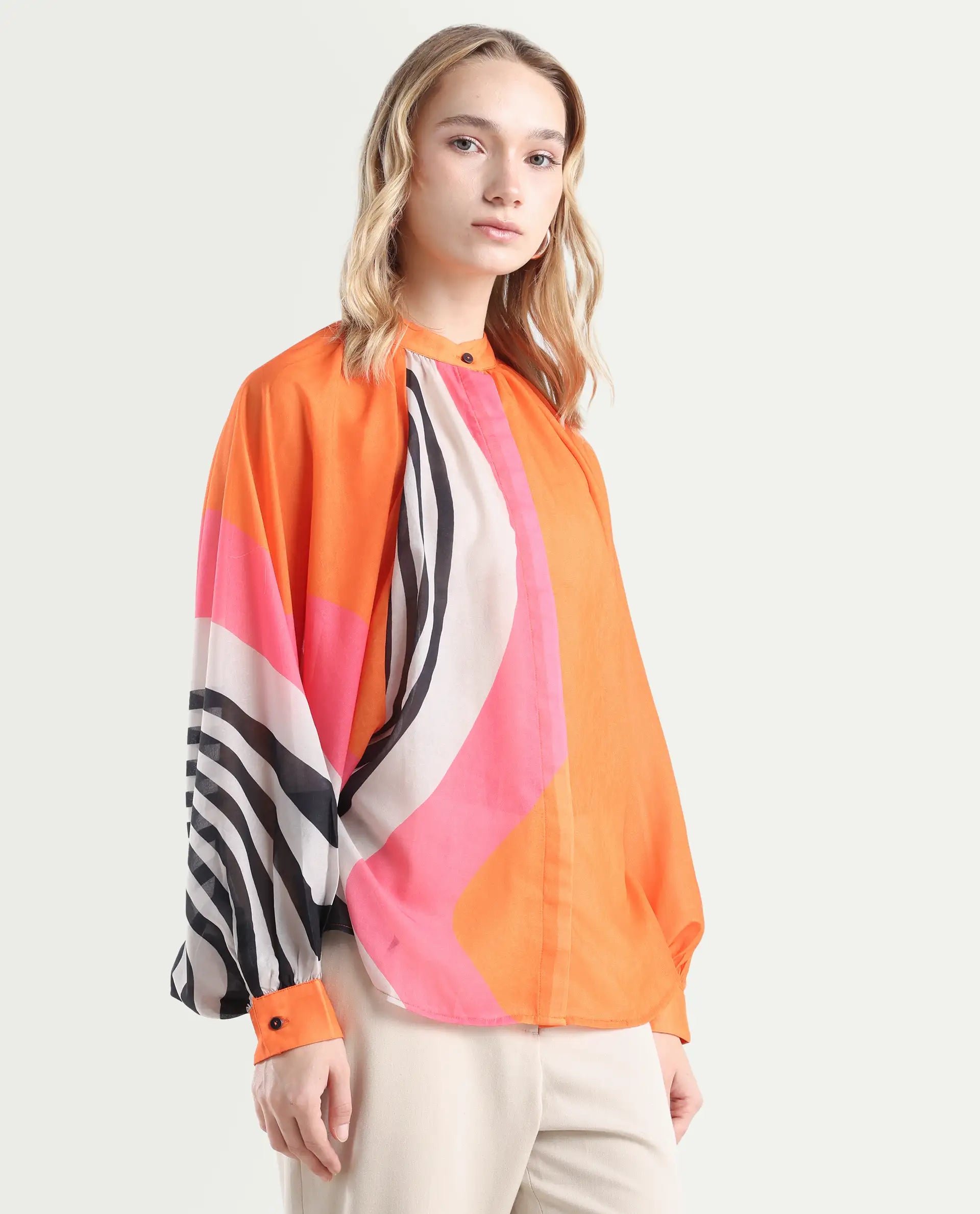 Rareism Women's Tundra Orange Polyester High Neck Abstract Print Balloon Sleeve Regular Fit Top