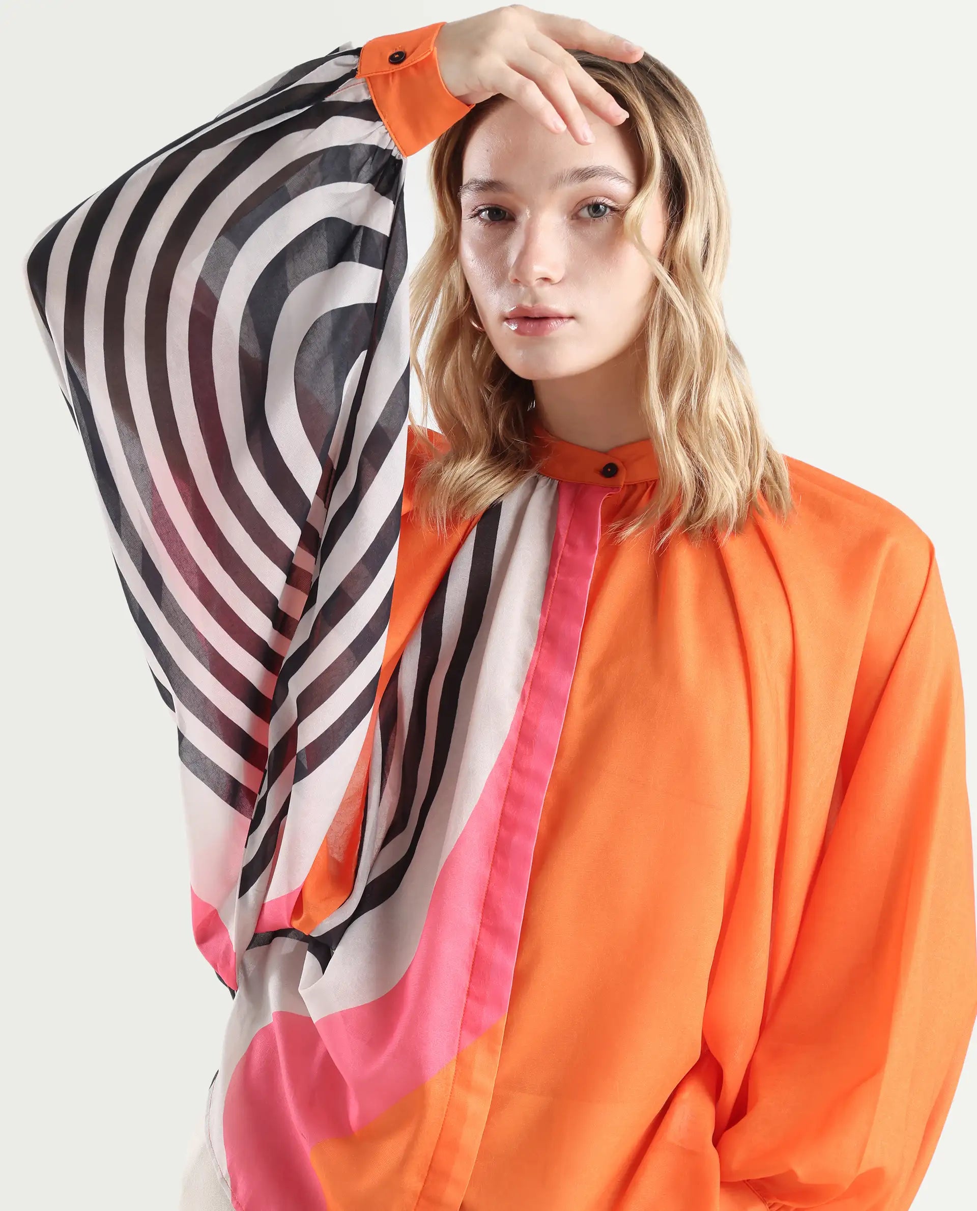 Rareism Women's Tundra Orange Polyester High Neck Abstract Print Balloon Sleeve Regular Fit Top