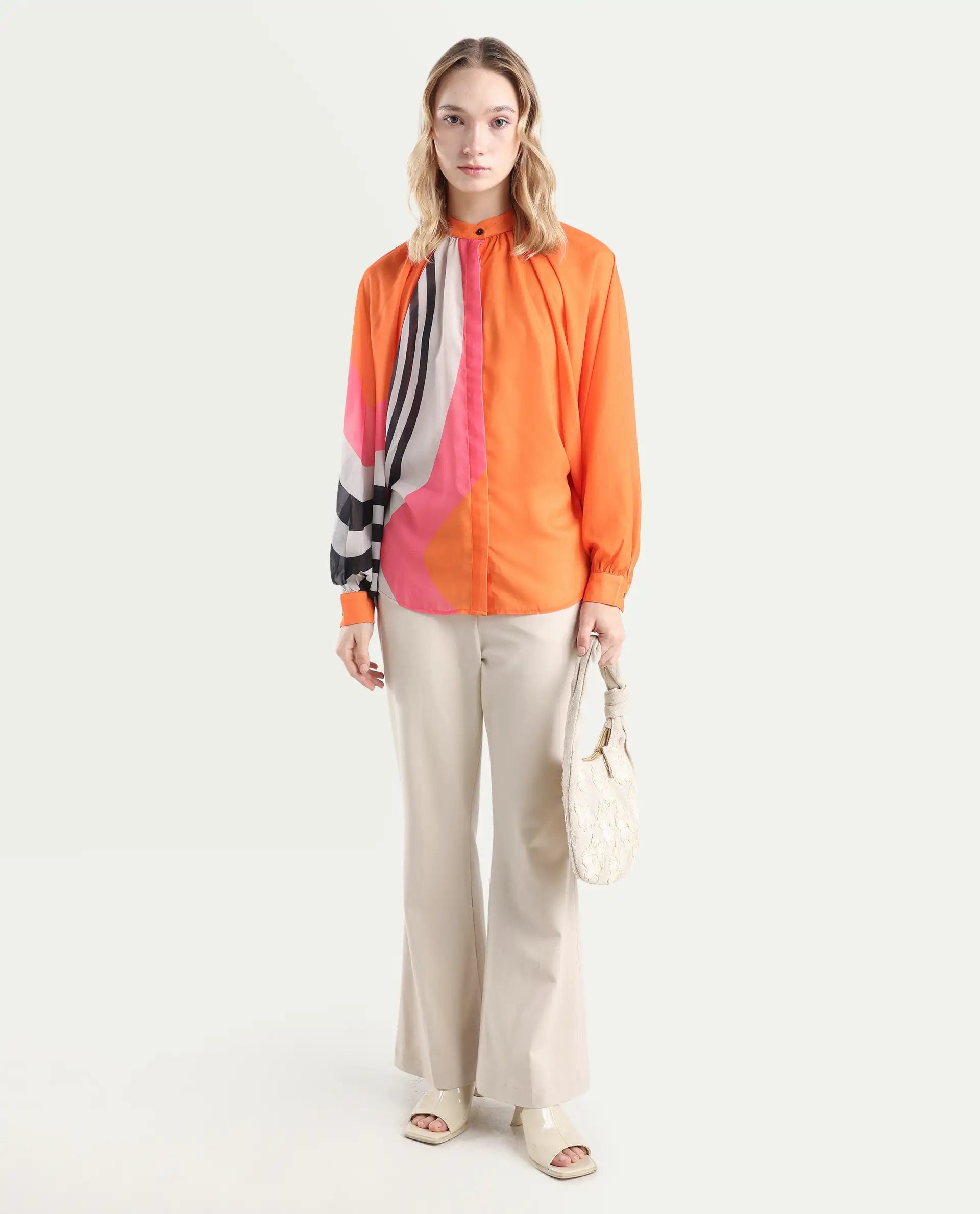 Rareism Women's Tundra Orange Polyester High Neck Abstract Print Balloon Sleeve Regular Fit Top