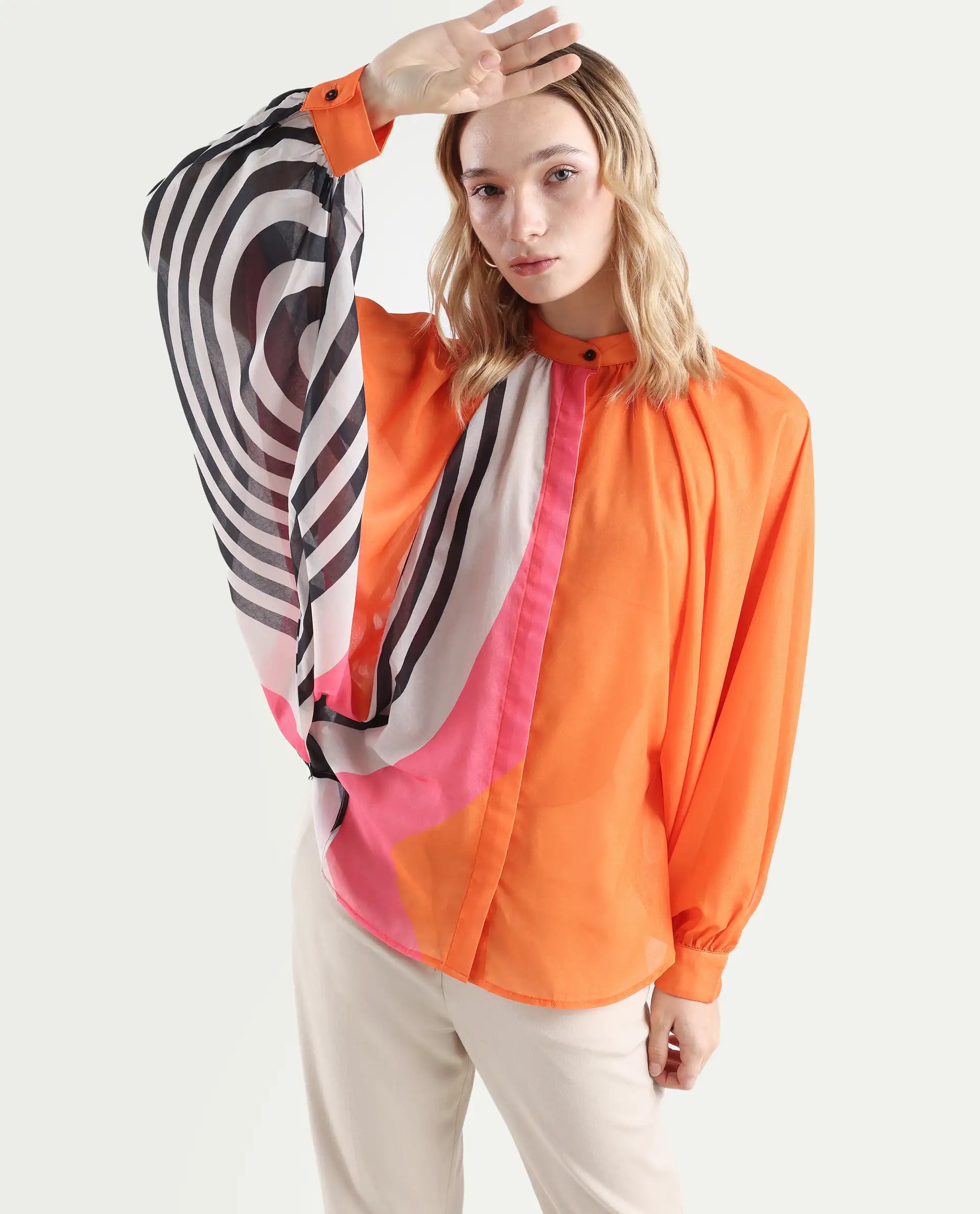 Rareism Women's Tundra Orange Polyester High Neck Abstract Print Balloon Sleeve Regular Fit Top