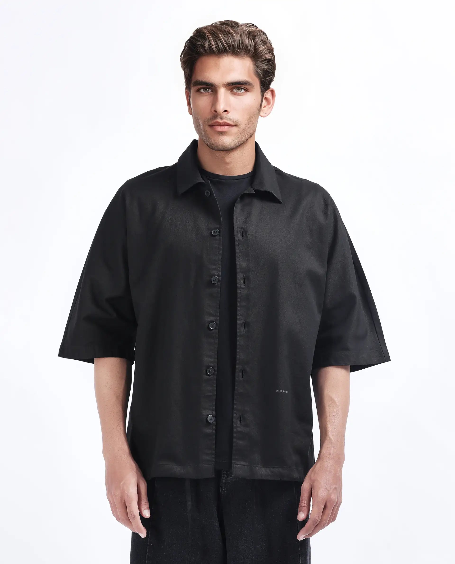 Rare Rabbit Men's Twillt Black Cotton Plain Oversized Fit Full Sleeve Collared Shirt