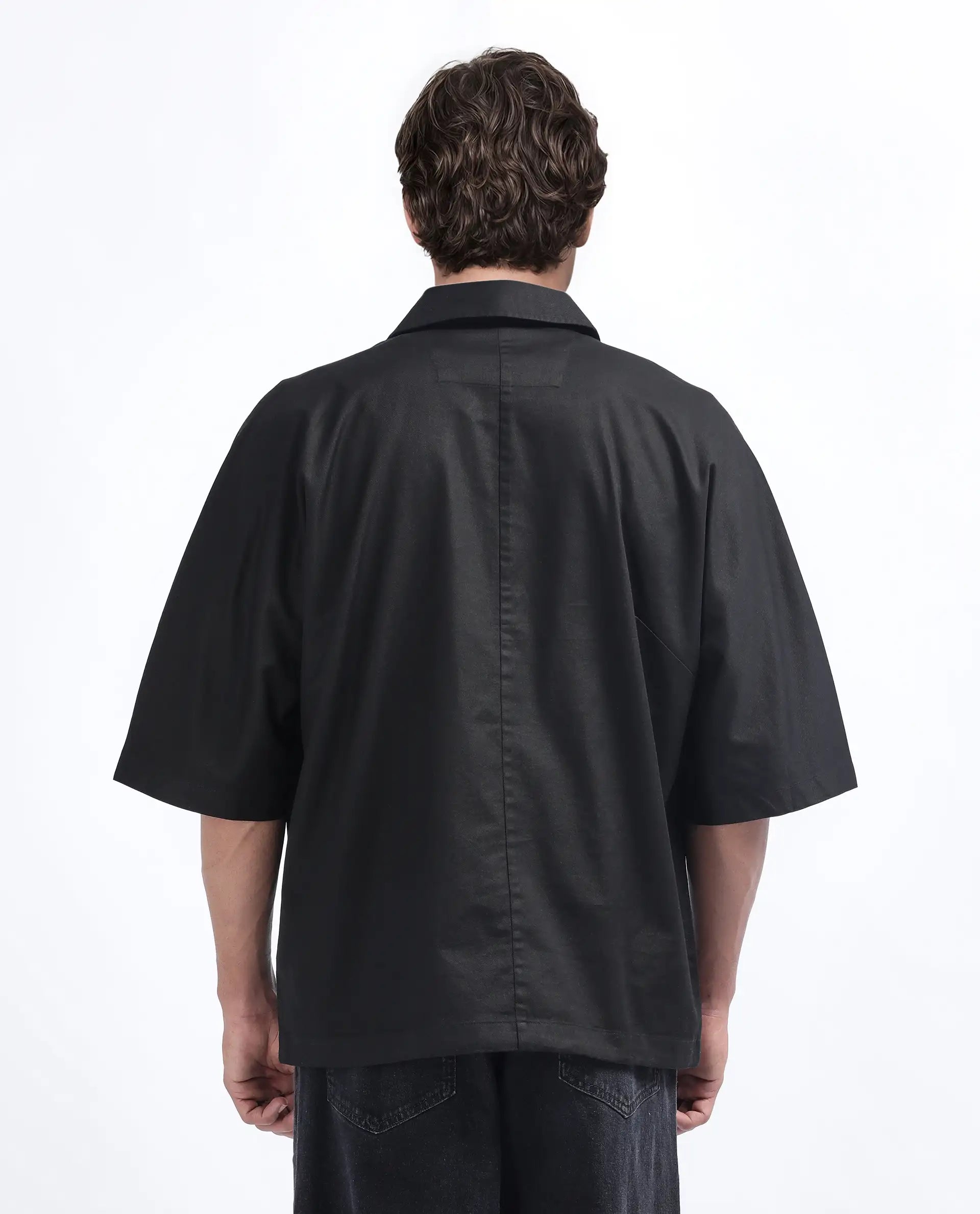 Rare Rabbit Men's Twillt Black Cotton Plain Oversized Fit Full Sleeve Collared Shirt
