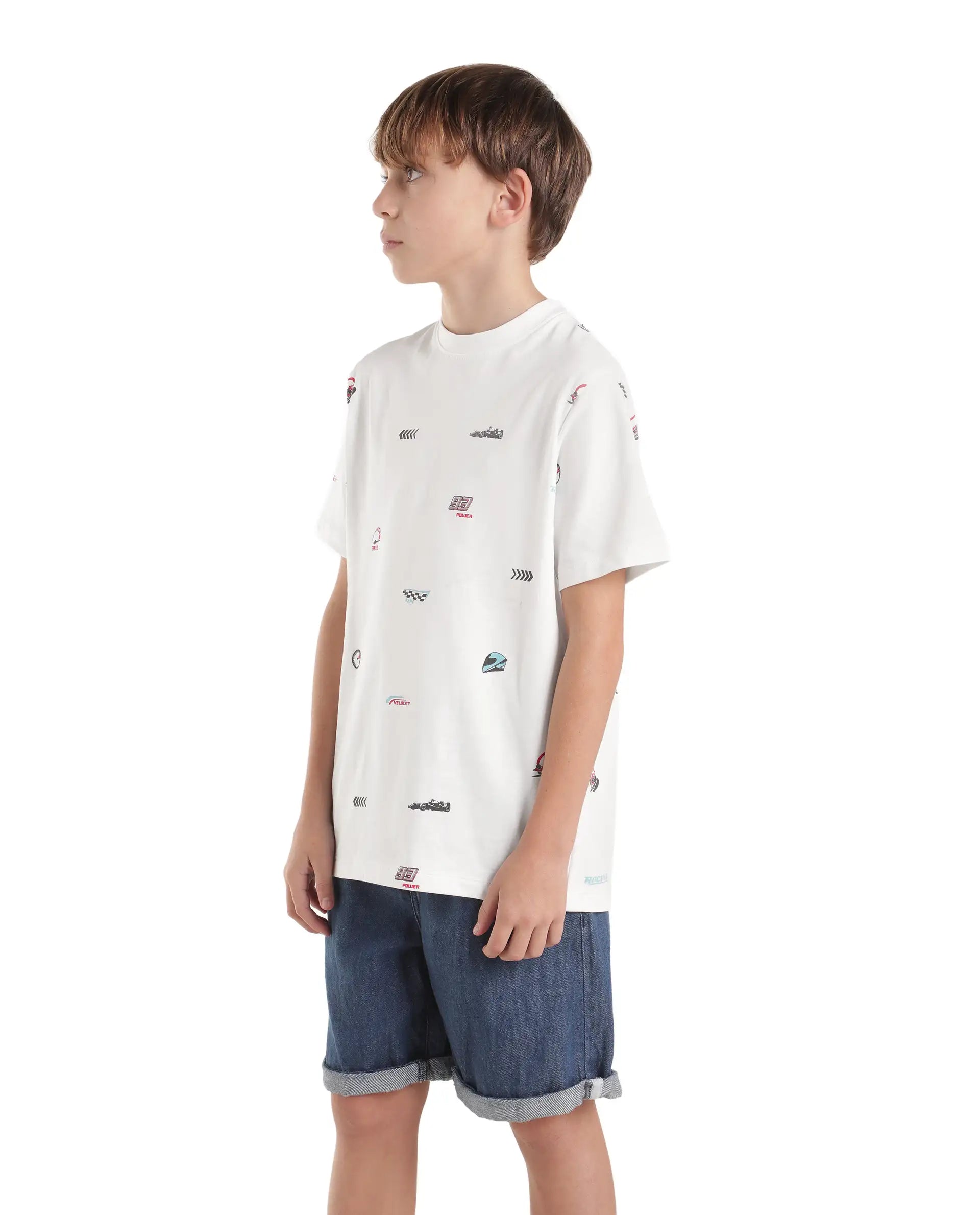 Rare Ones Kids Tygo White Cotton Fabric Pull-On Oversized Fit Printed T-Shirt