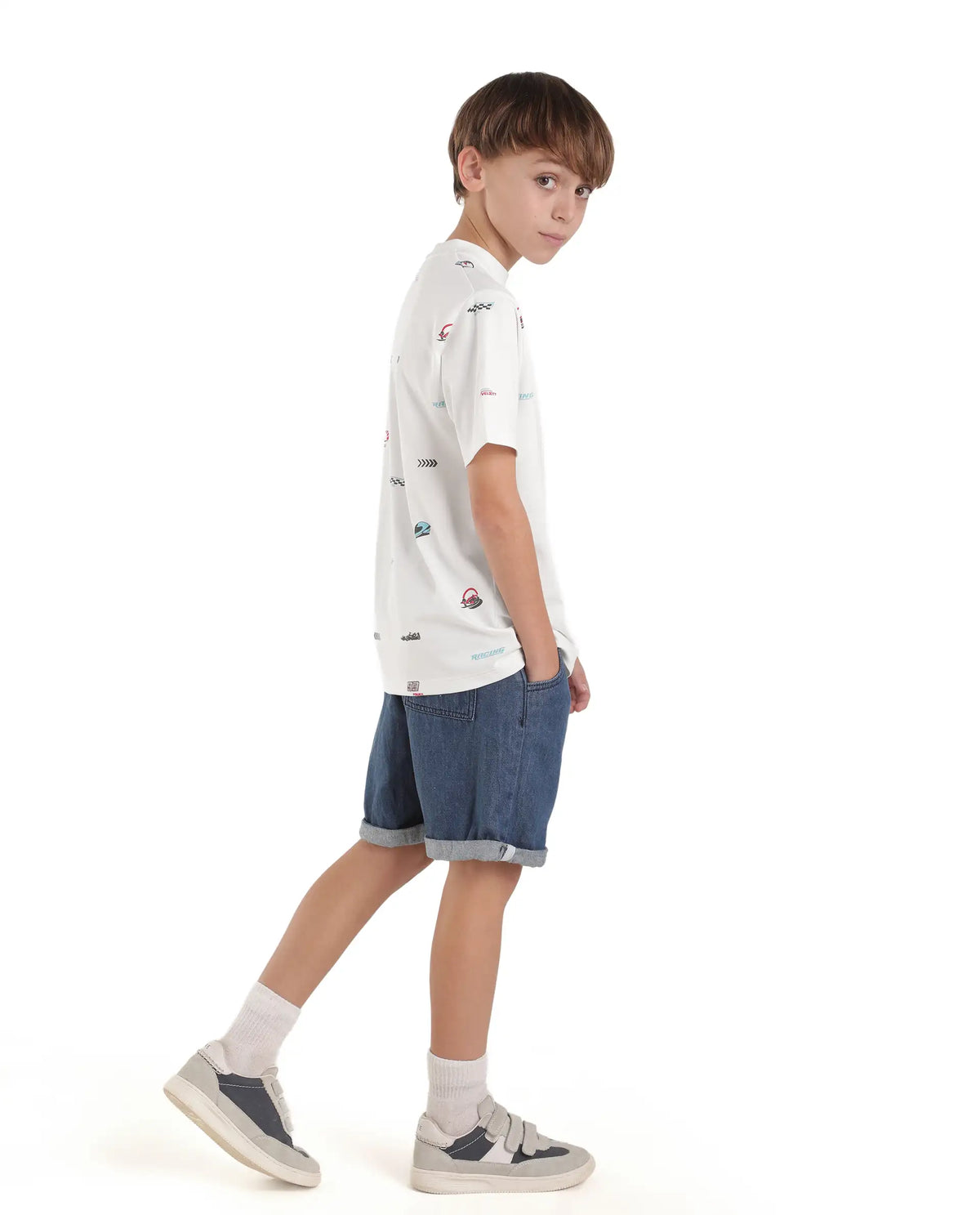 Rare Ones Kids Tygo White Cotton Fabric Pull-On Oversized Fit Printed T-Shirt
