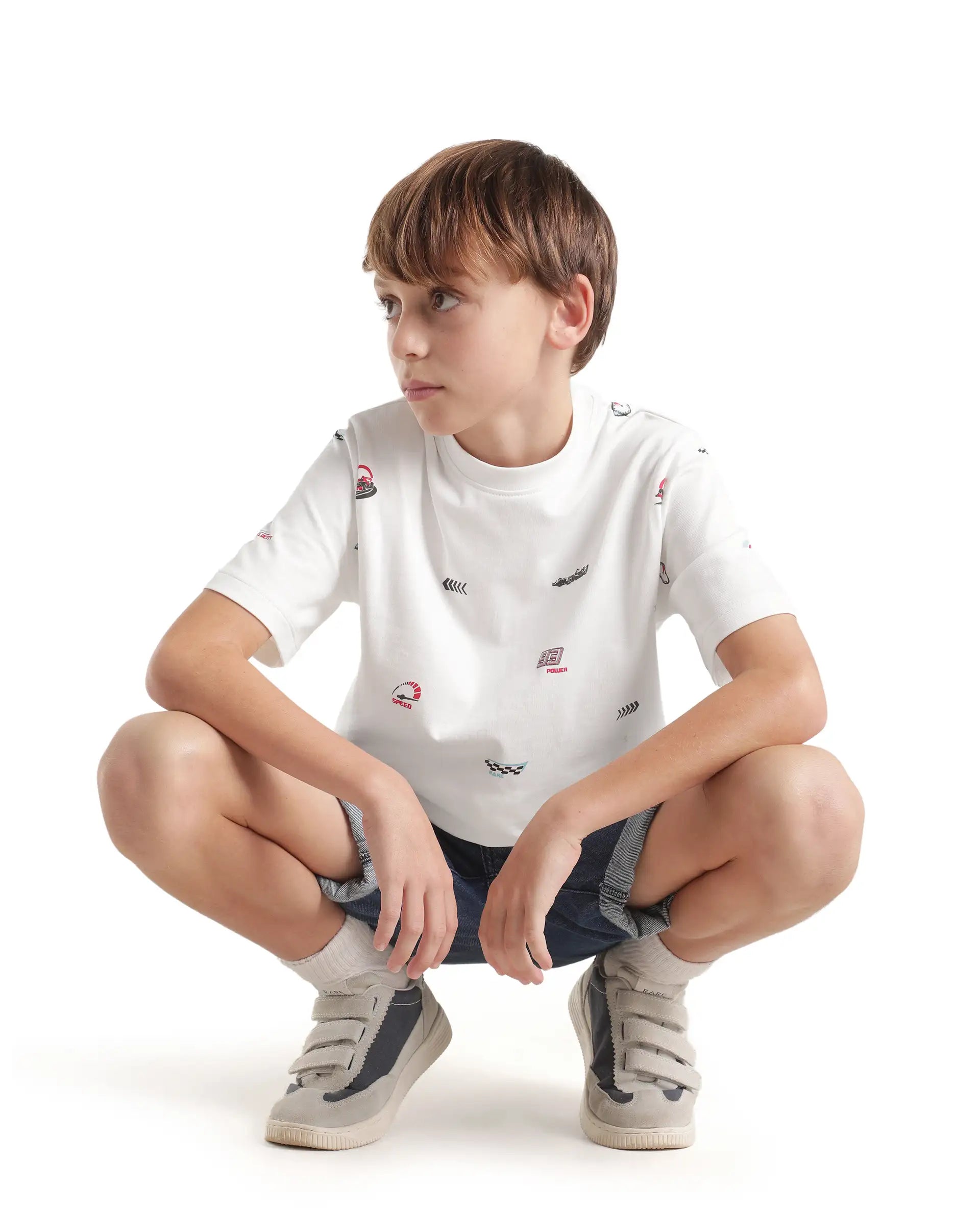 Rare Ones Kids Tygo White Cotton Fabric Pull-On Oversized Fit Printed T-Shirt