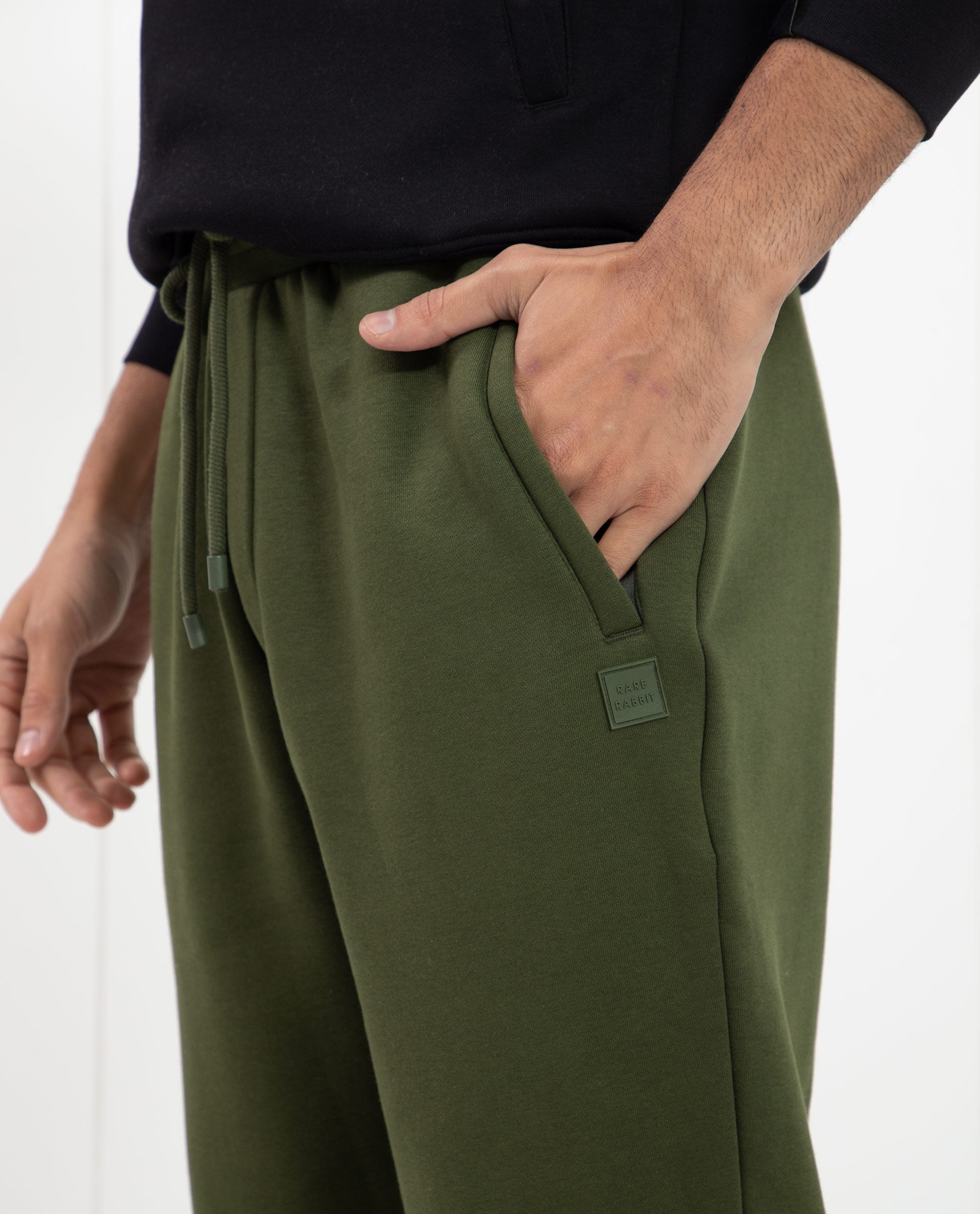 Rare Rabbit Mens Tyrone Olive Cotton Polyester Fabric Drawstring Closure Regular Fit Mid Rise Trackpant