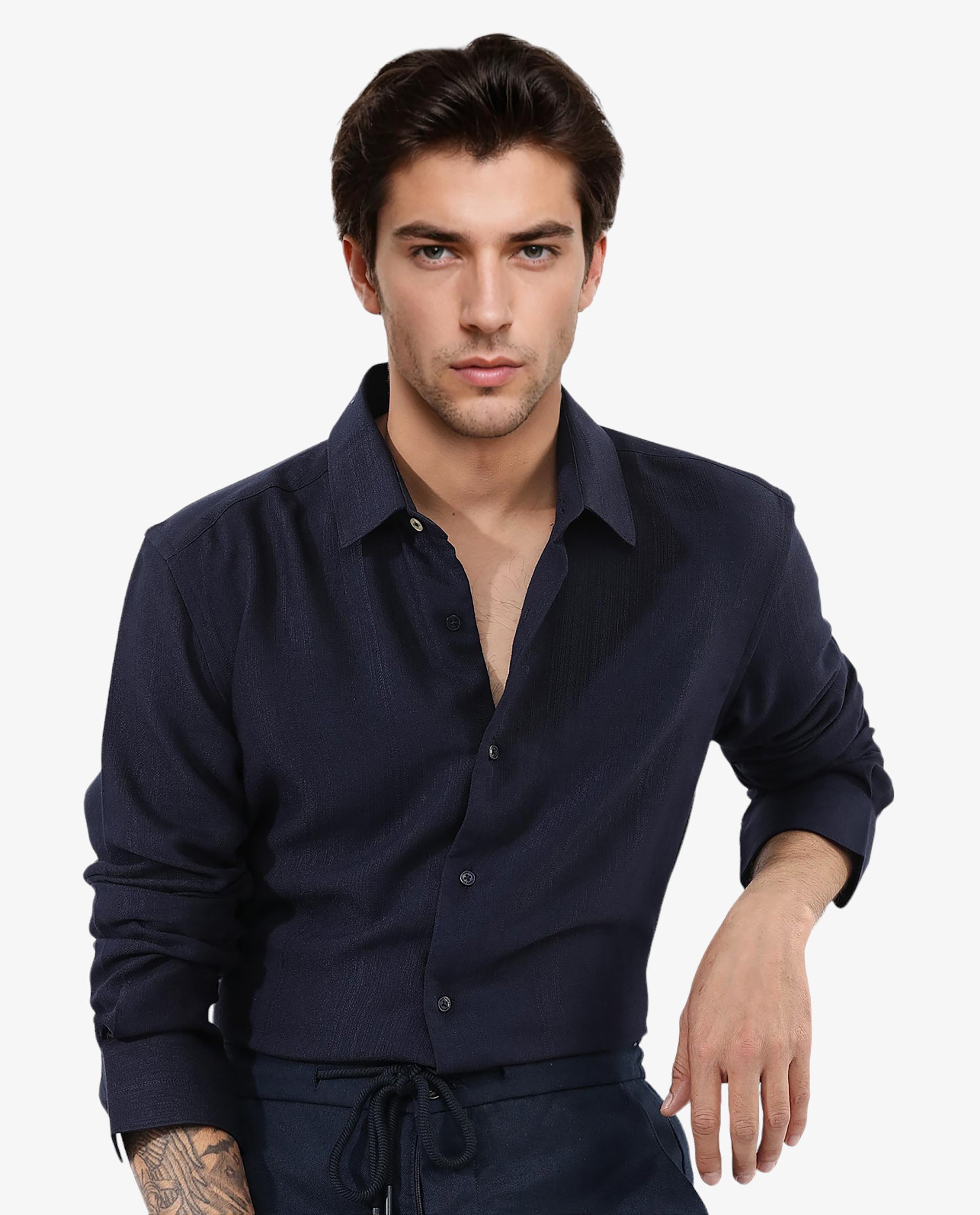 Rare Rabbit Mens Ufa Navy Viscose Nylon Blend Fabric Full Sleeve Regular Fit Textured Solid Shirt