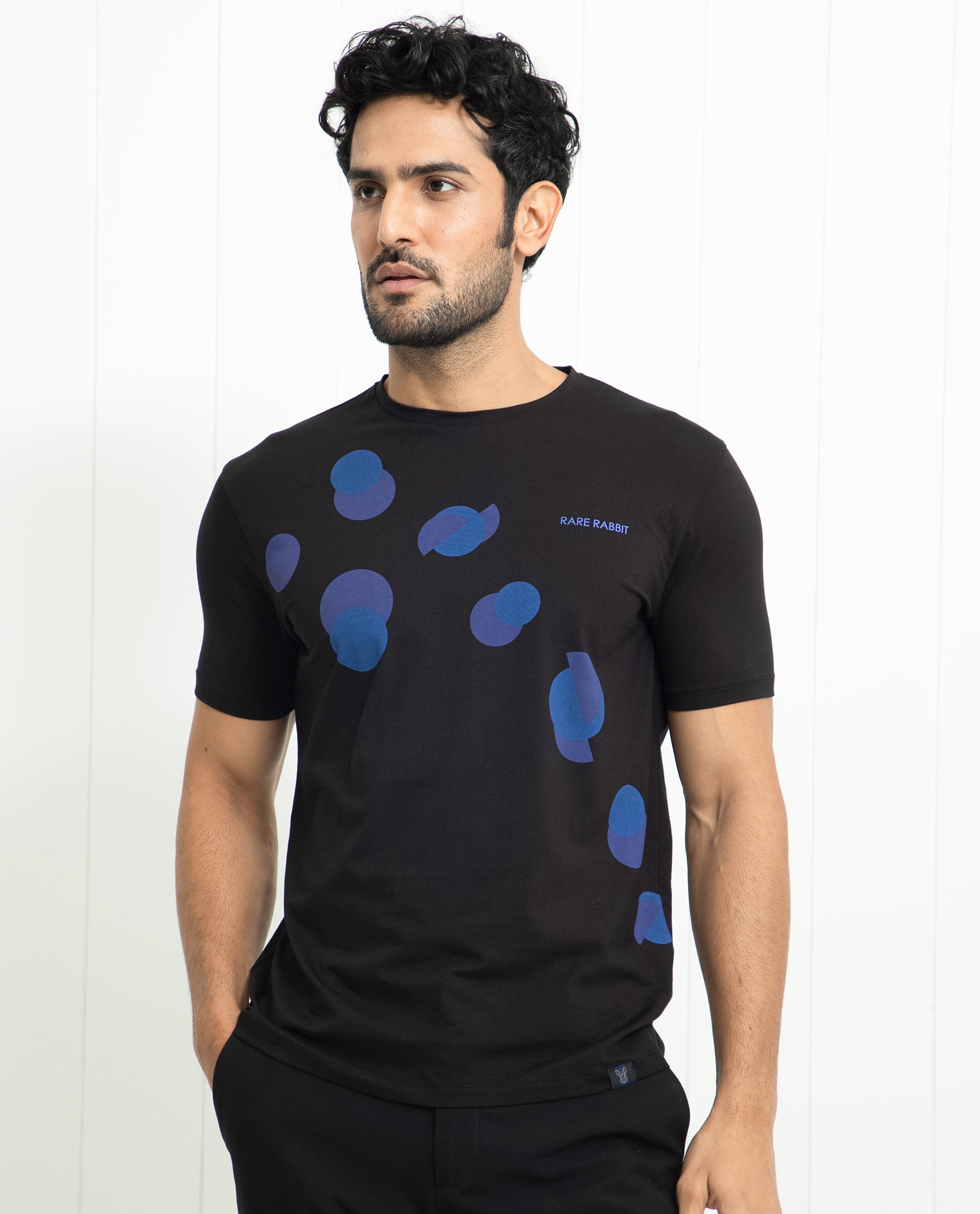 Rare Rabbit Men's Univ Black Crew Neck Half Sleeves Regular Fit Placement Polka Print T-Shirt
