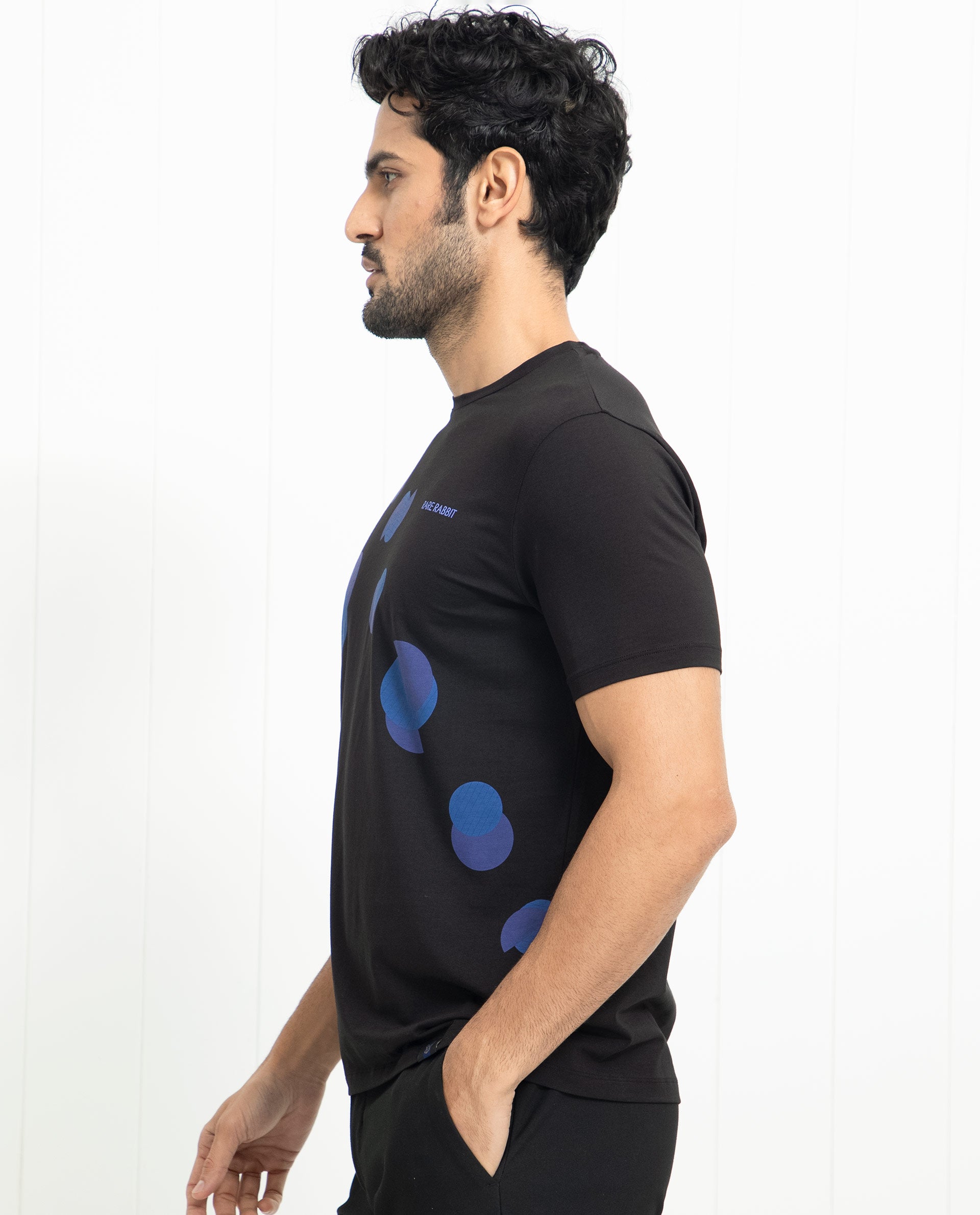 Rare Rabbit Men's Univ Black Crew Neck Half Sleeves Regular Fit Placement Polka Print T-Shirt