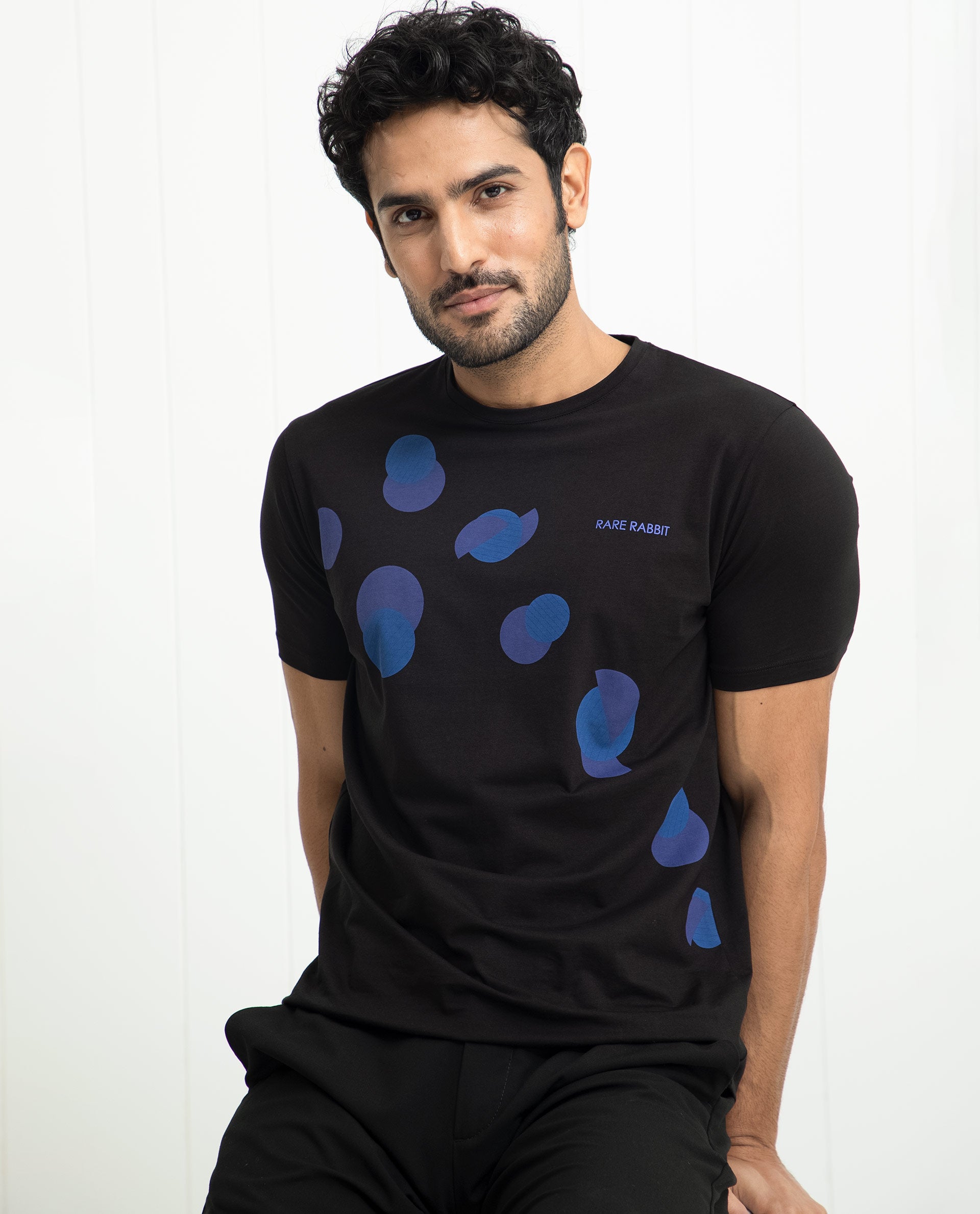 Rare Rabbit Men's Univ Black Crew Neck Half Sleeves Regular Fit Placement Polka Print T-Shirt