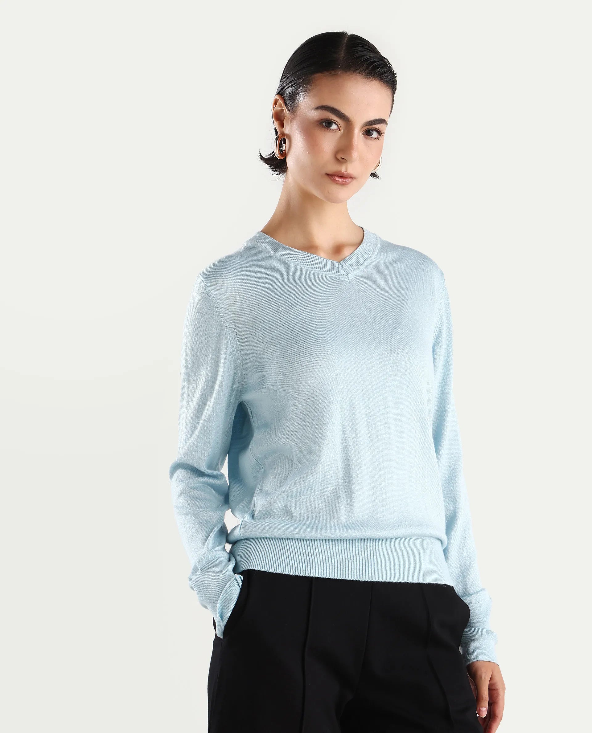 Rareism Women's Usak Light Blue Acrylic V-Neck Plain Regular Fitted Sweater