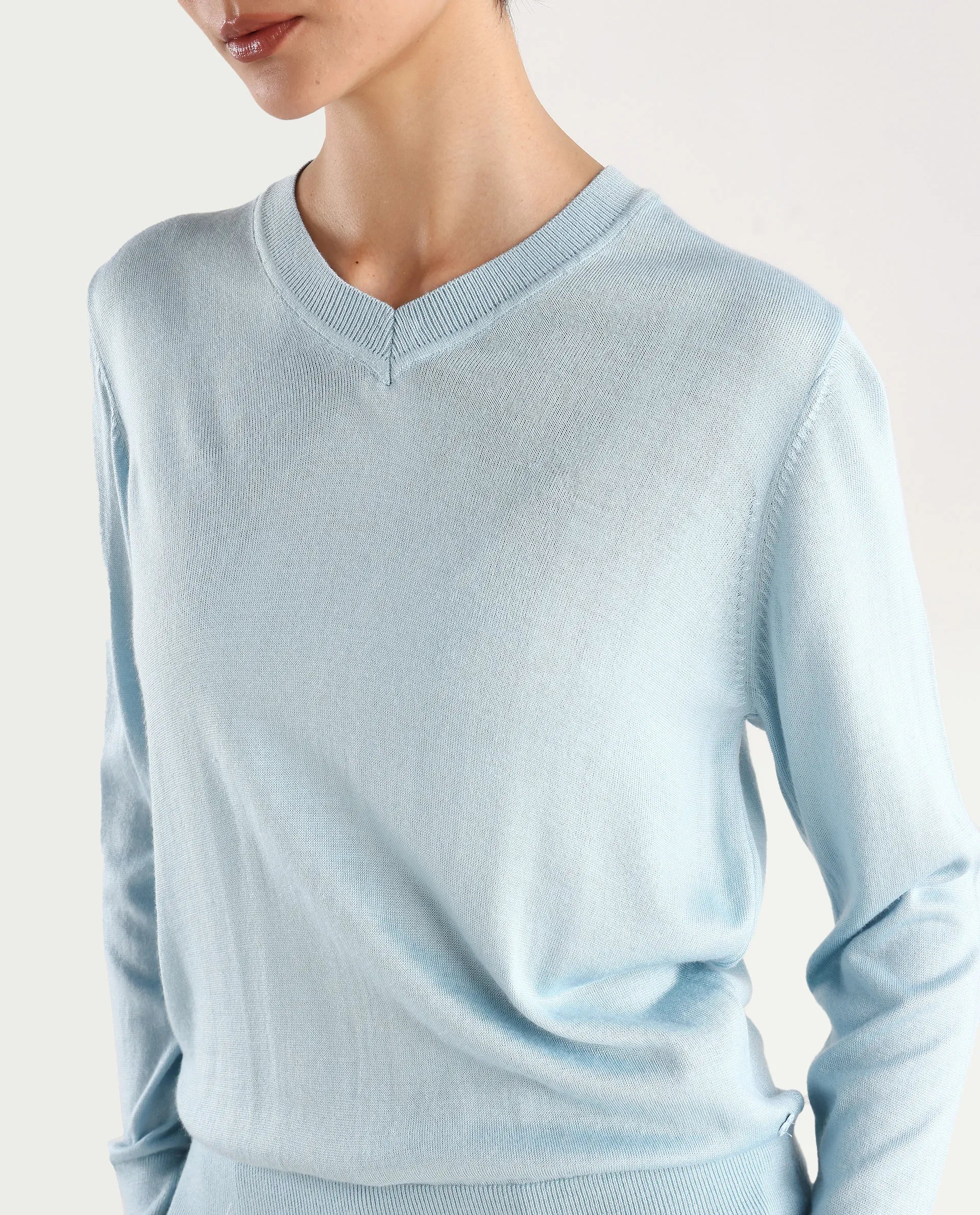 Rareism Women's Usak Light Blue Acrylic V-Neck Plain Regular Fitted Sweater