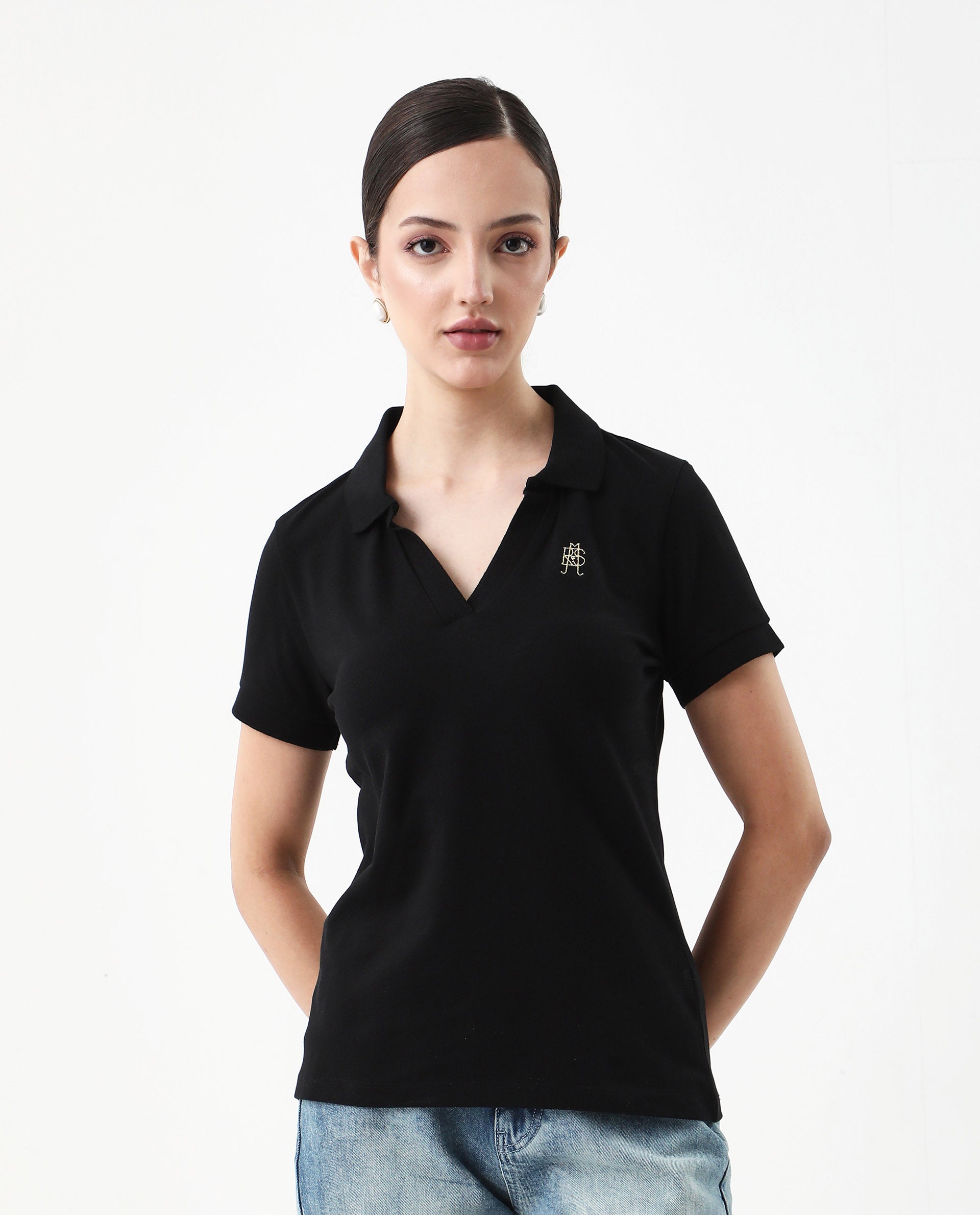 Rareism Women's Van Black Cotton Blend Polo Neck Plain Regular Fit Polo