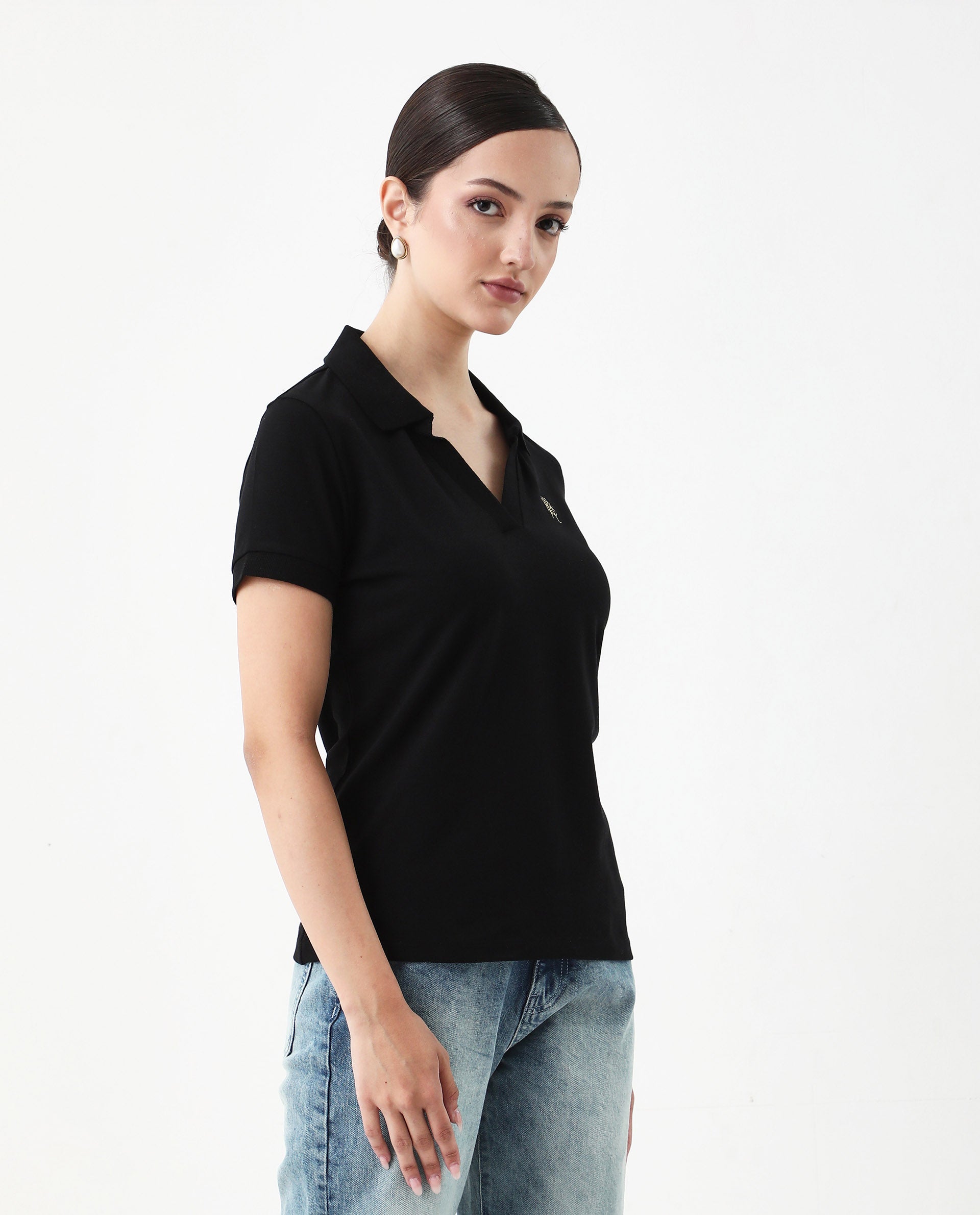 Rareism Women's Van Black Cotton Blend Polo Neck Plain Regular Fit Polo
