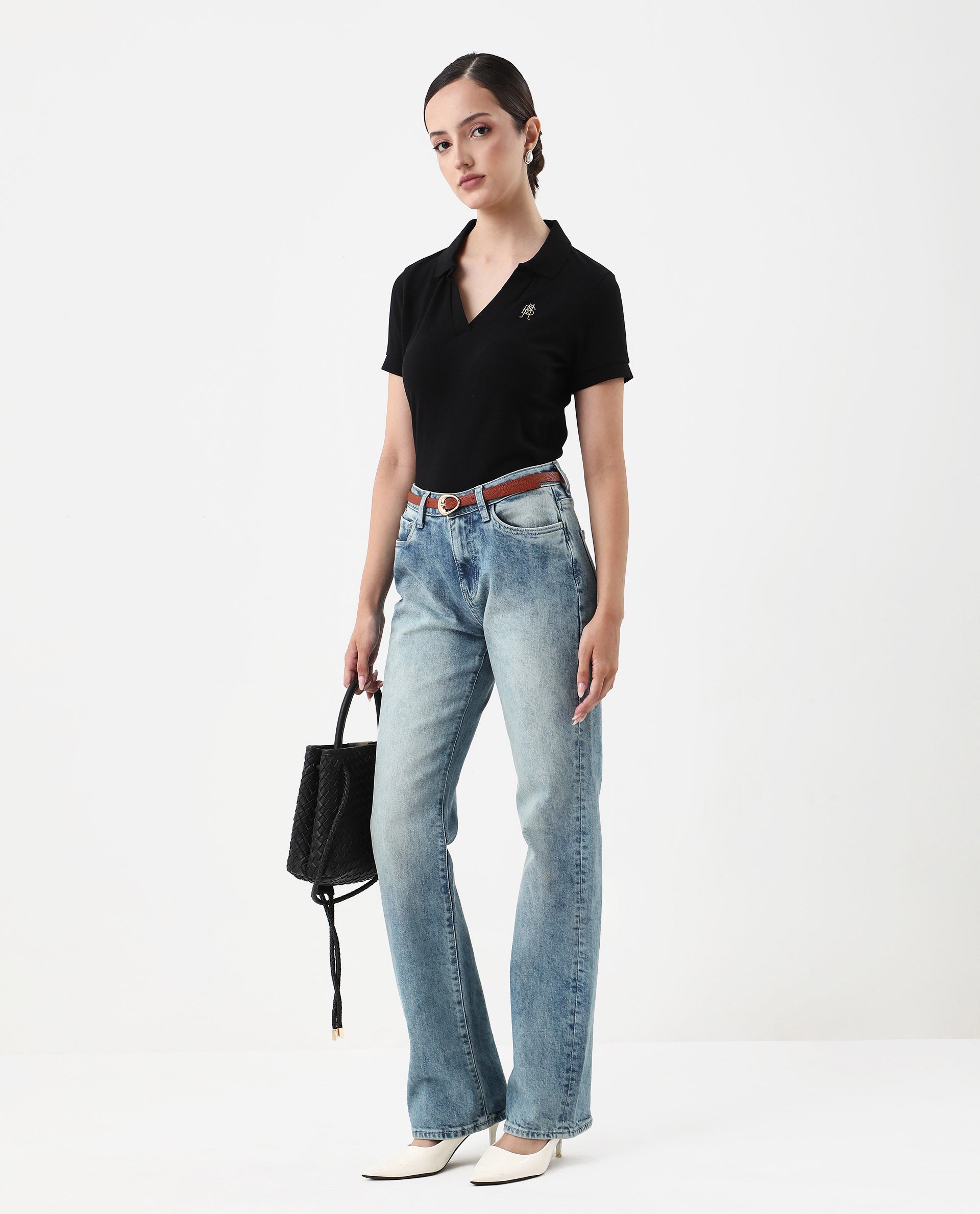 Rareism Women's Van Black Cotton Blend Polo Neck Plain Regular Fit Polo