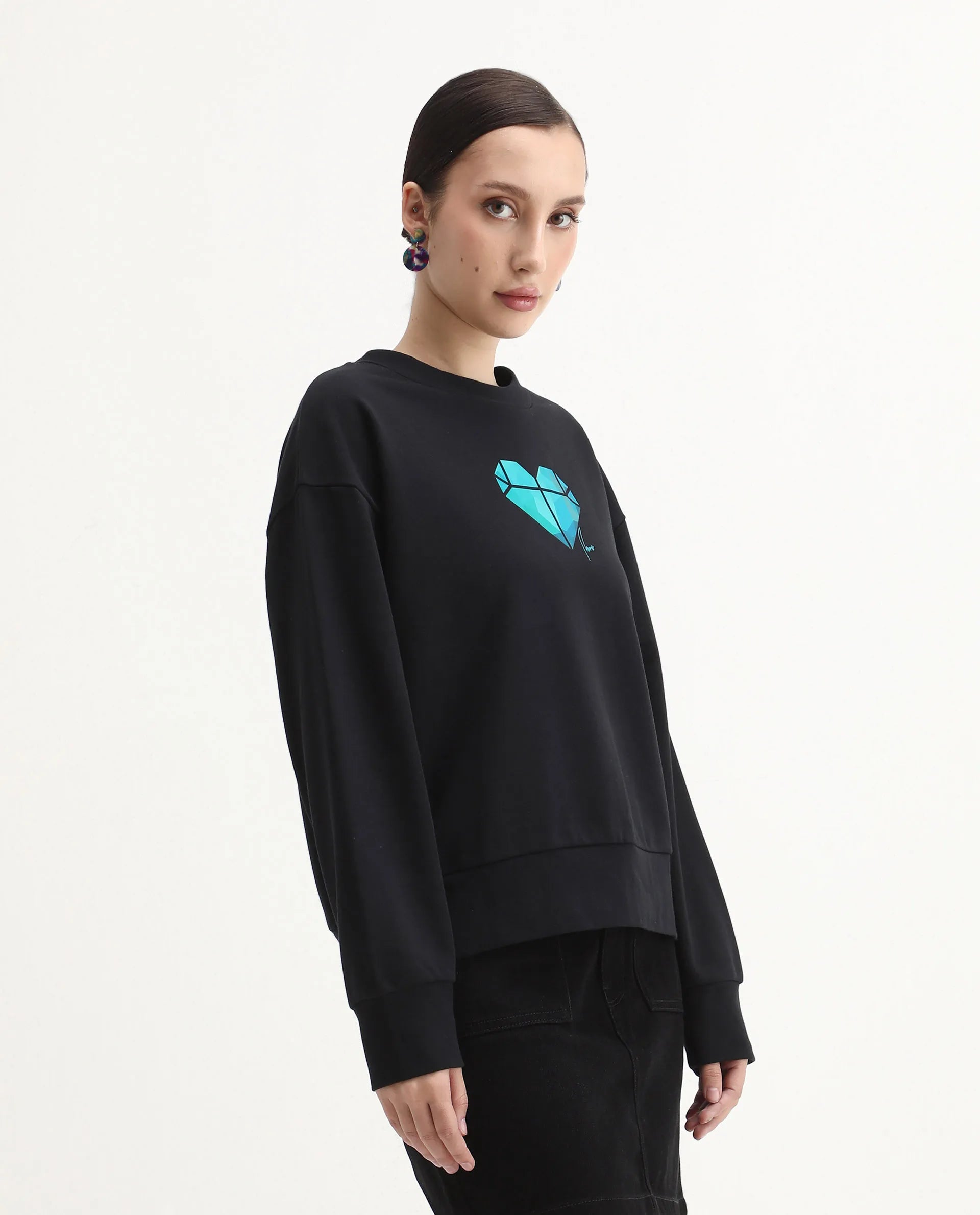 Rareism Women's Vaq Black Cotton Blend Fabric Crew Neck Relaxed Fit Graphic Print Sweatshirt