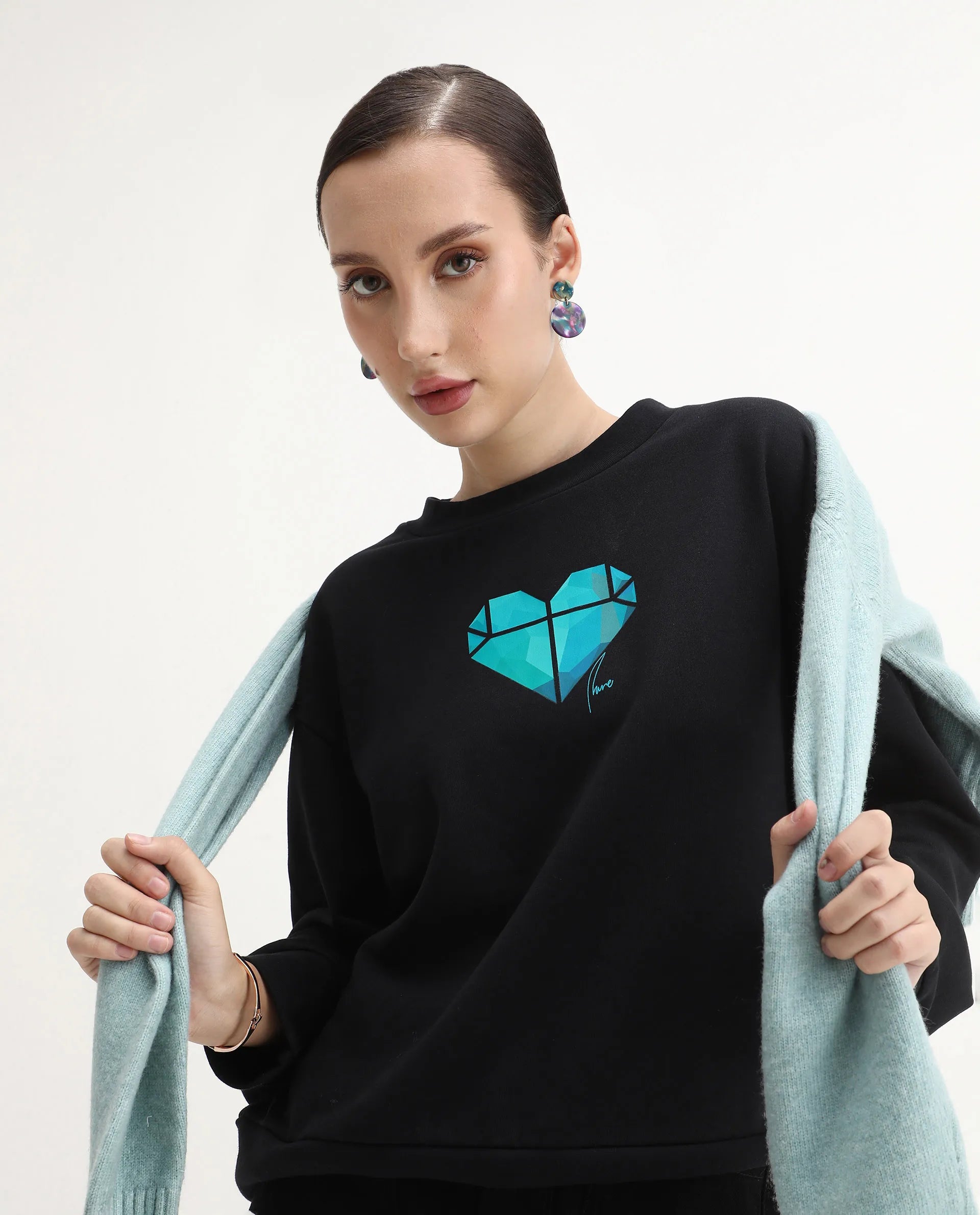 Rareism Women's Vaq Black Cotton Blend Fabric Crew Neck Relaxed Fit Graphic Print Sweatshirt