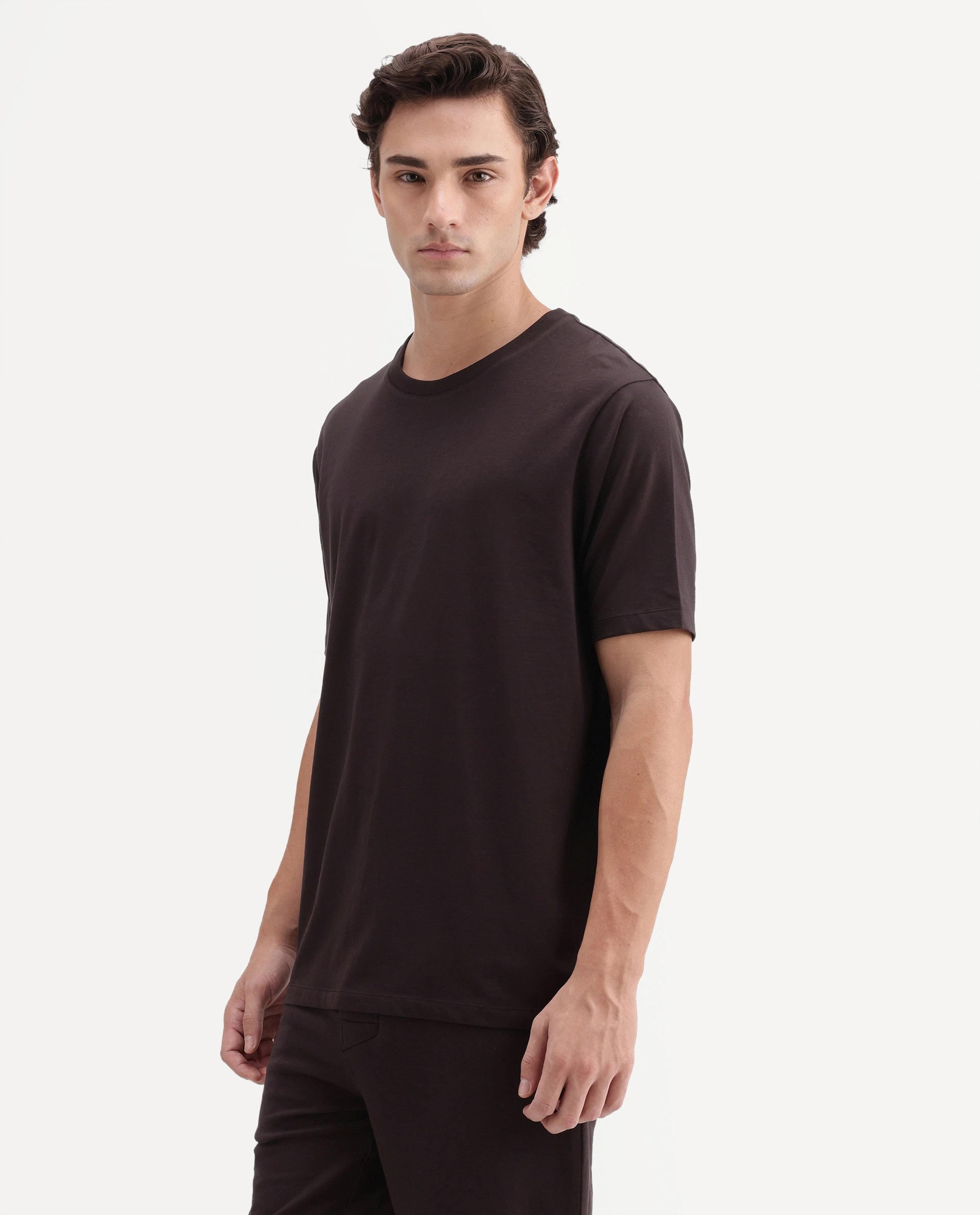 Rare Rabbit Men's Vaux Dark Brown Cotton Modal Spandex Fabric Half Sleeve Regular Fit Plain T-Shirt