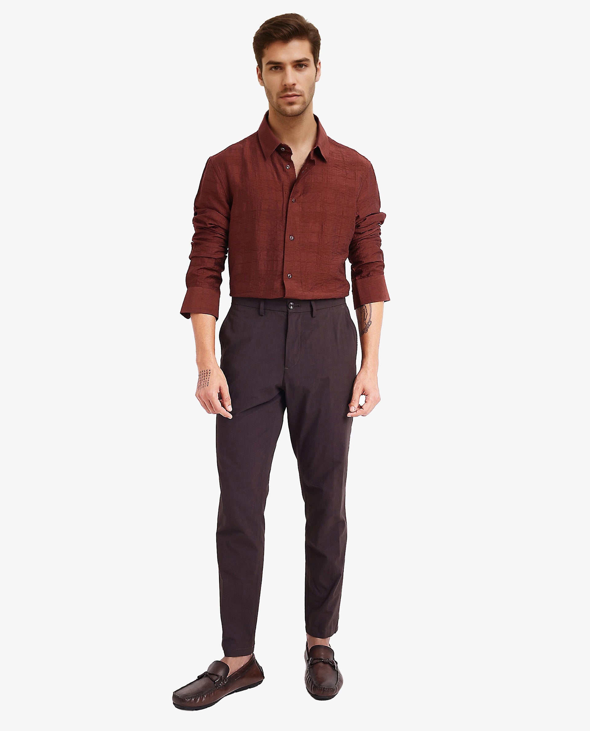 Rare Rabbit Men Vaxon Rust Viscose Nylon Fabric Full Sleeve Regular Fit Self Dobby Check Shirt