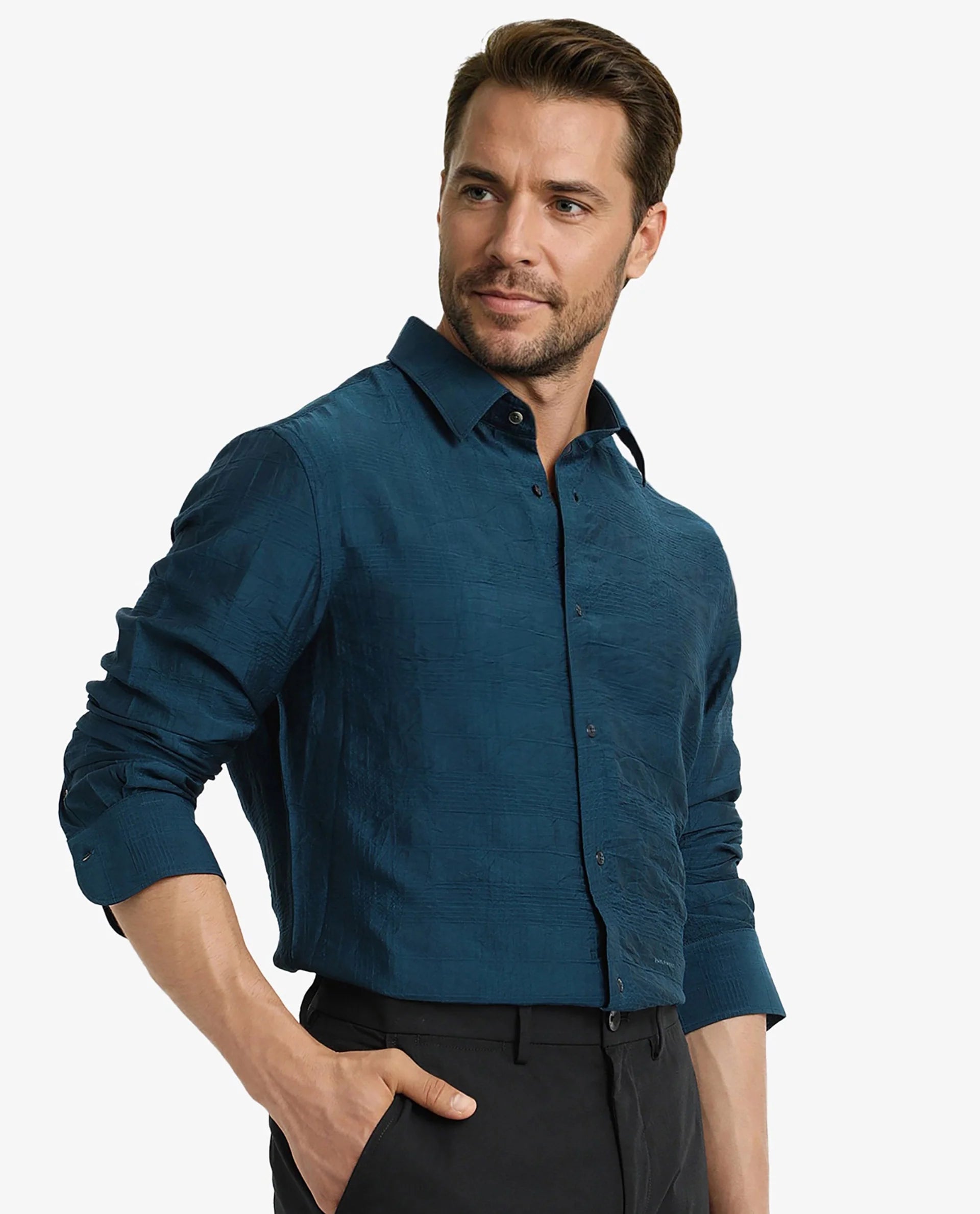 Rare Rabbit Men Vaxon Teal Viscose Nylon Fabric Full Sleeve Regular Fit Self Dobby Check Shirt